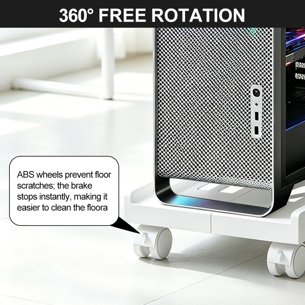 FARYODI Supporto per PC con ruote, supporto per computer tower, supporto per computer PC, supporto per PC, supporto per CPU regolabile, carrello sotto la scrivania, universale per scrivania (bianco)