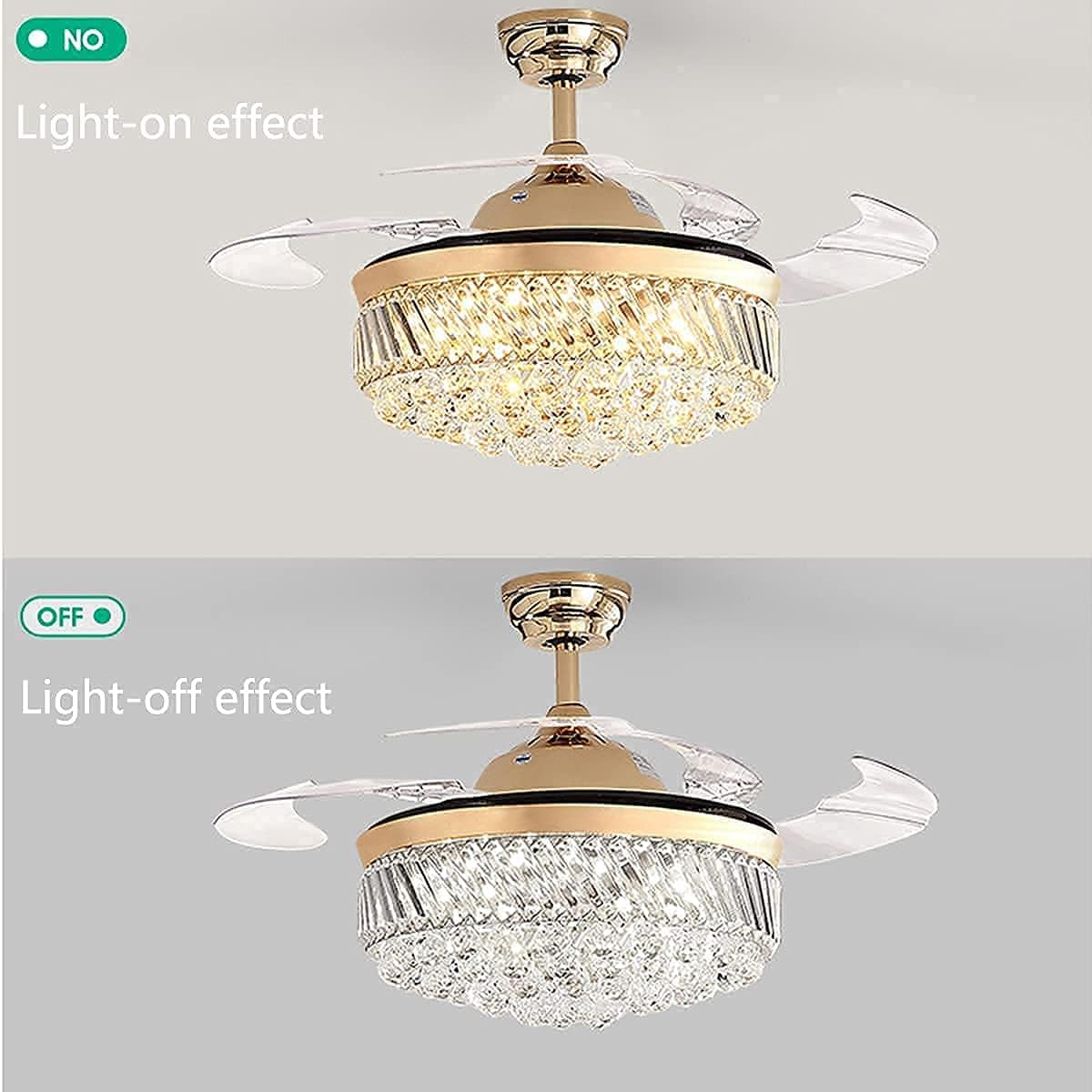 Buy 1 get 1 FANSAN 36 Crystal Ceiling Fan with Light and Remote, 3 Speeds 3 Color Dimmable, Retractable Blade, Silent Motor, Modern Crystal Chandelier Fan for Livingroom Bedroom Dining Room