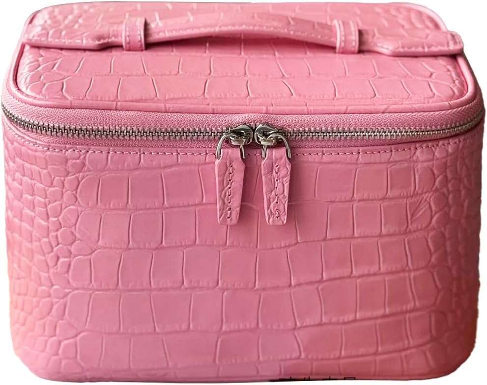 Genuine cowhide leather women's makeup bag, large capacity with mirror, jewelry storage box, multi-functional and portable Cosmetic Case (Black,crocodile pattern)
