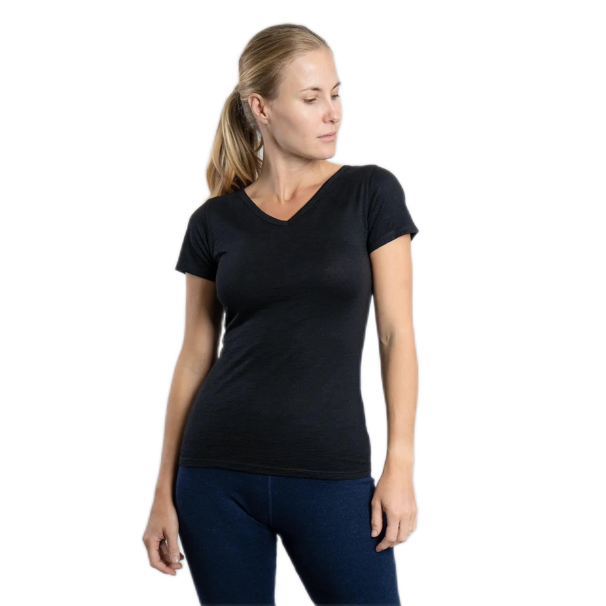 Arms of Andes Women's Alpaca Wool T-Shirt: 160 Ultralight V-Neck Black L