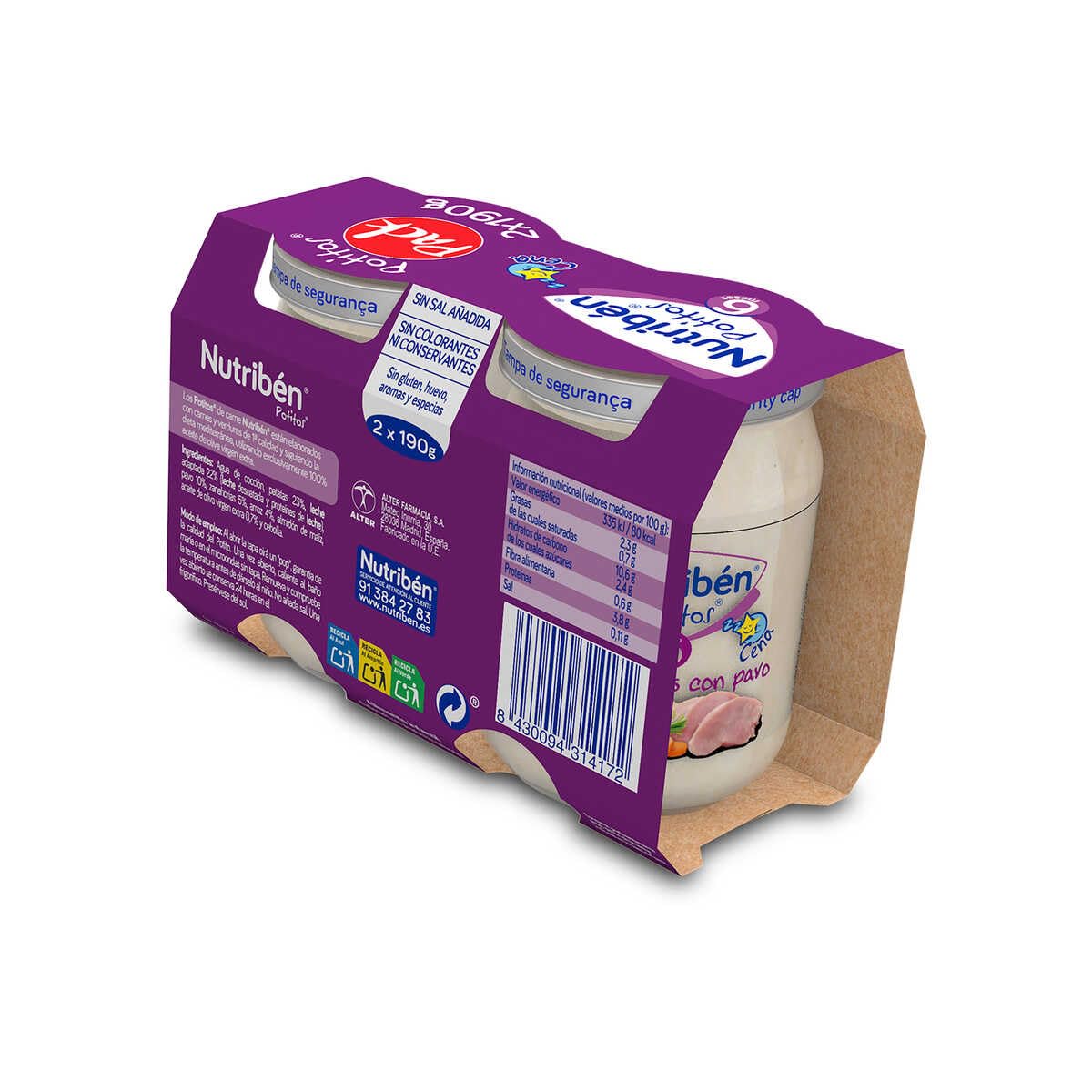 Nutribén Potito Crema De Verduras Y Pavo Sin Gluten, 2 x 190g