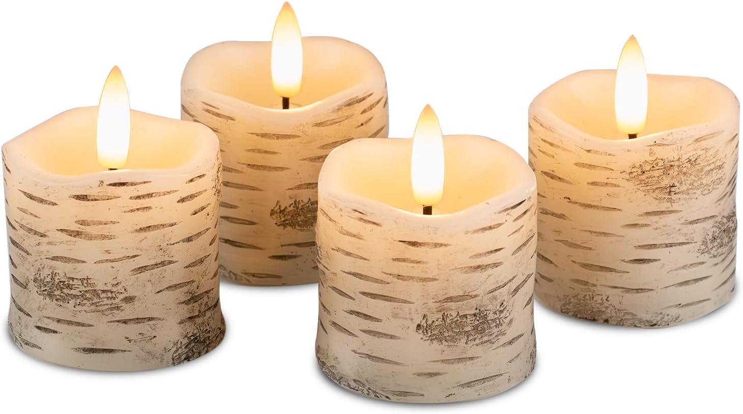 Rhytsing 2" White Birch Bark Flameless Votive Candles with Timer, Real Wax Led Faux Battery Operated Tealight Candles for Christmas and Weddings - Set of 4