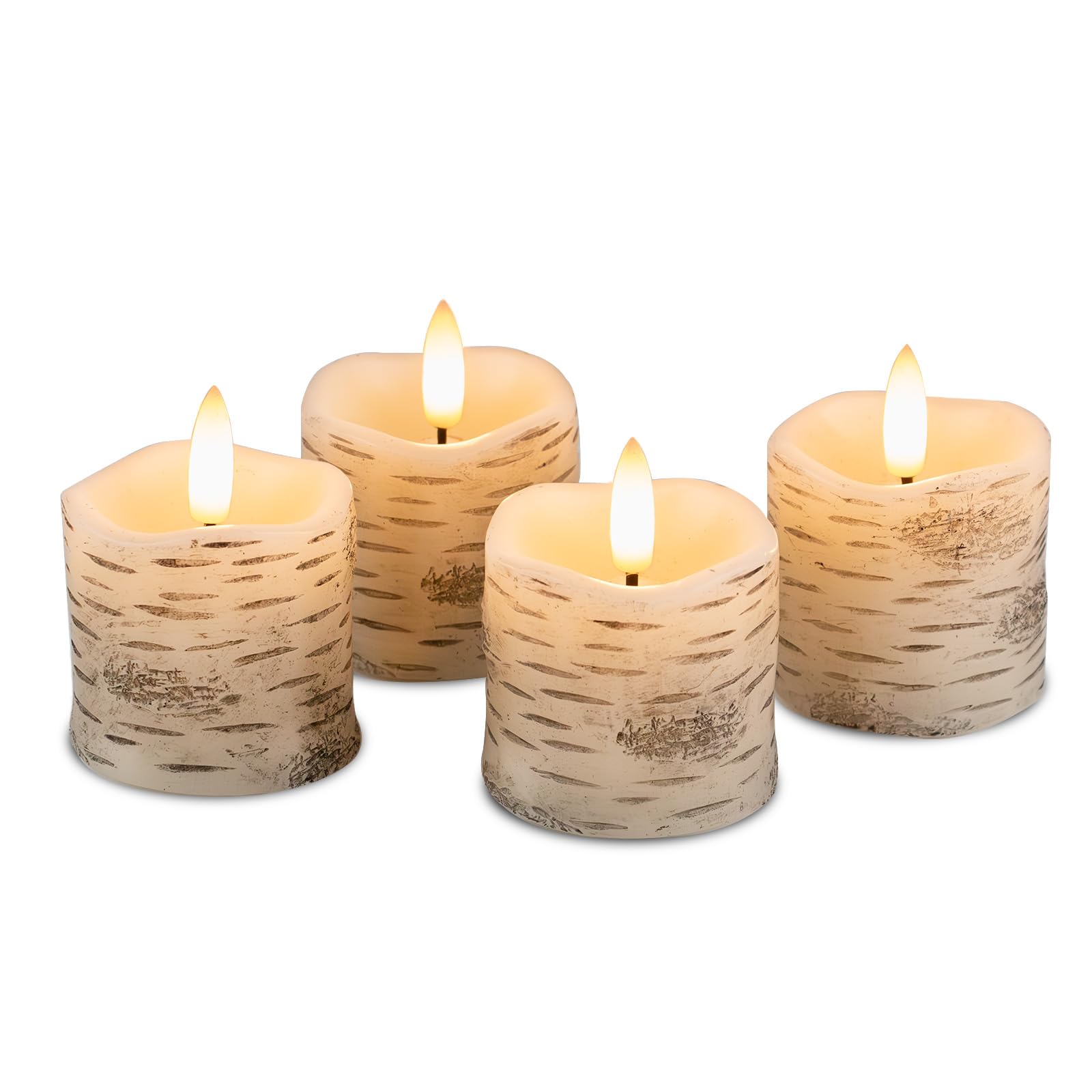 Rhytsing Birch Set Of 4 White Bark Flameless Votive Candles With Timer, Real Wax Led Faux Battery Operated Tealight Candles For Christmas And Weddings - D 5Cm