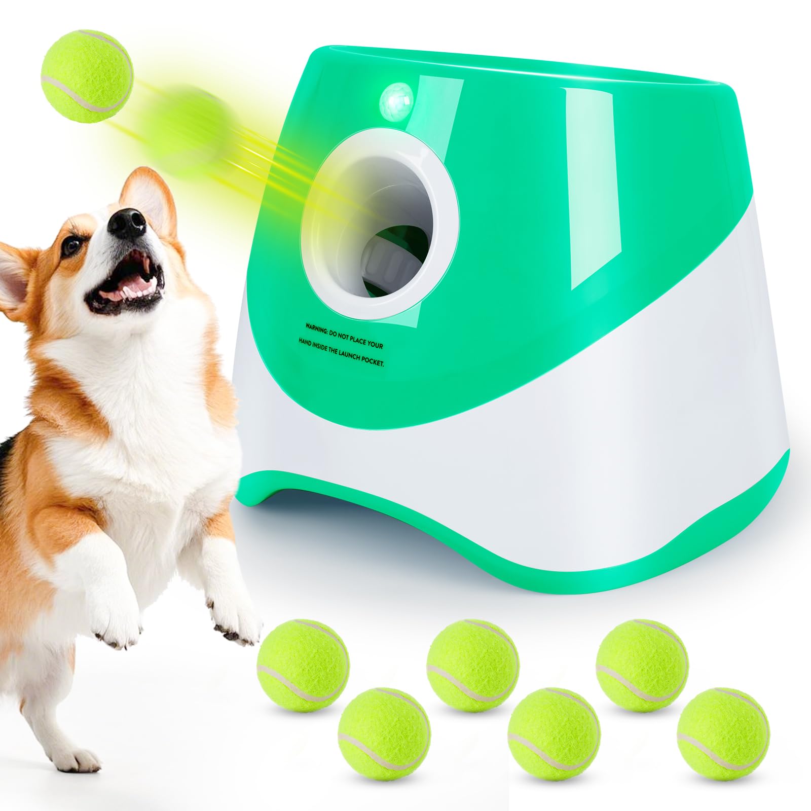 Orifesio Automatic Dog Ball Launcher, Automatic Ball Thrower for Dogs with 6PCS 2'' Tennis Balls, Interactive Pet Toys for Small Dogs, Pet Launcher Throwing Machine Outdoor, Green