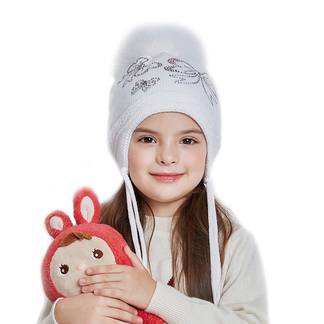 URSFUR Winter Earflap Cap Girls Peruvian Hat Knit Beanie with Fox Ball Pom Bow-Knot Decoration White