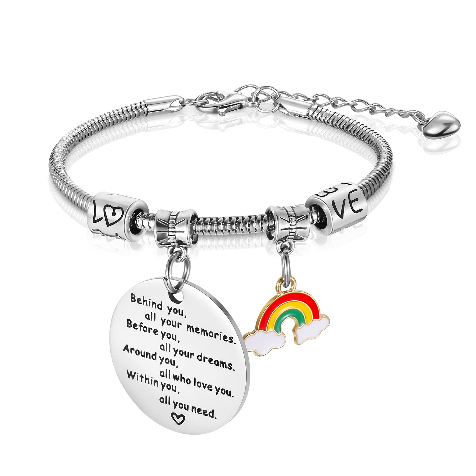 HerdearInspirational Bracelet Behind You All Your Memories Bracelet Adjustable Rainbow Pendant Silver Snake Bracelet Friends Gift Bracelet with Display Stand for Women Girls Ladies Kids Teenage Christmas