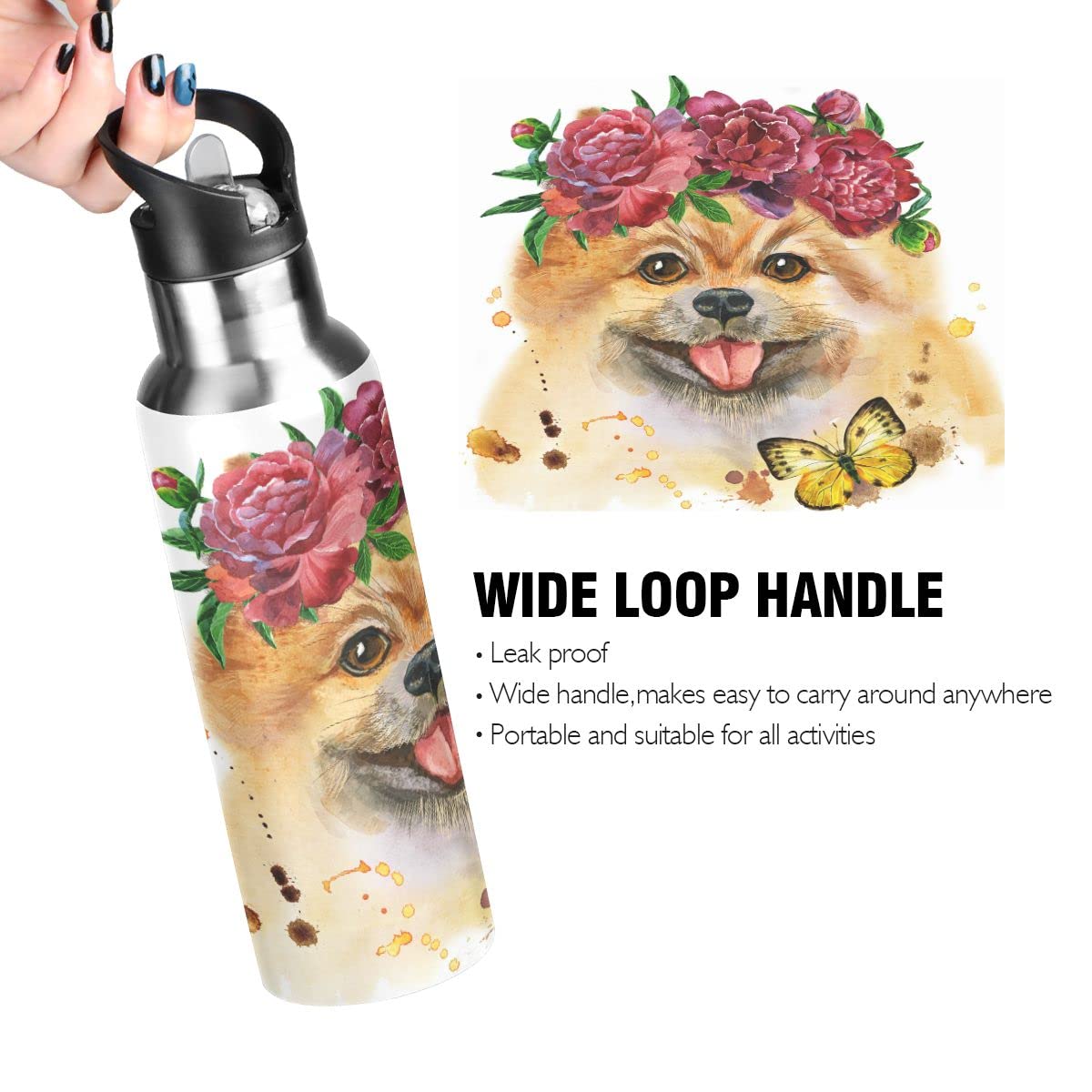 Edelstahl Wasserflasche mit Strohhalm, niedlicher Hund isolierte Trinkflasche Sport Wasserflasche für Kinder Erwachsene, auslaufsicher, 1L