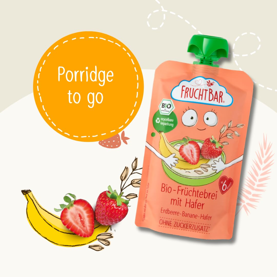 FruchtBar-Bio Quetschie, Vorratspack, Fruchtpüree für Babys ab 6 Monaten & Kinder (24 Stück, Bio Früchtebrei Erdbeere-Banane-Hafer)
