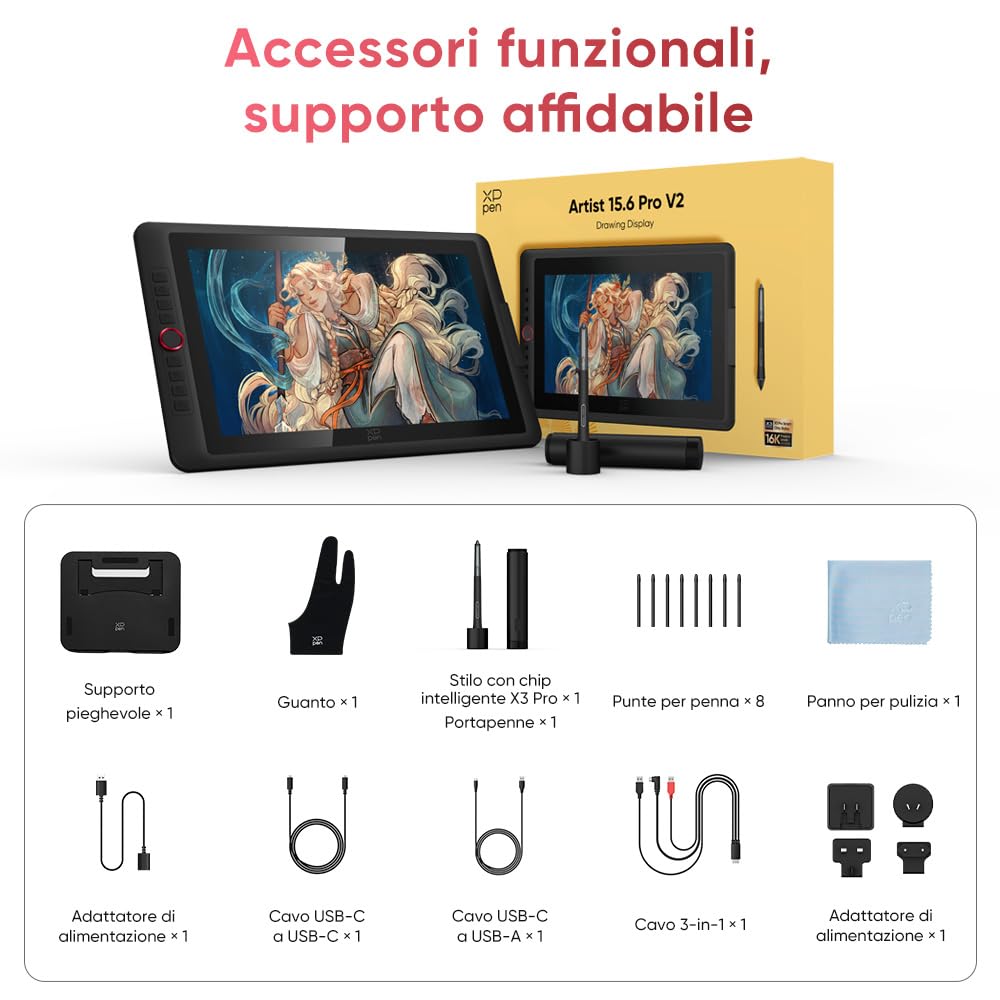 XPPen Tavoletta Grafica con Schermo Artist 15.6 Pro V2 display da 15,4 pollici, 16K livelli di pressione, 8 tasti rapidi e rotellina rossa, Supporto pieghevole incluso