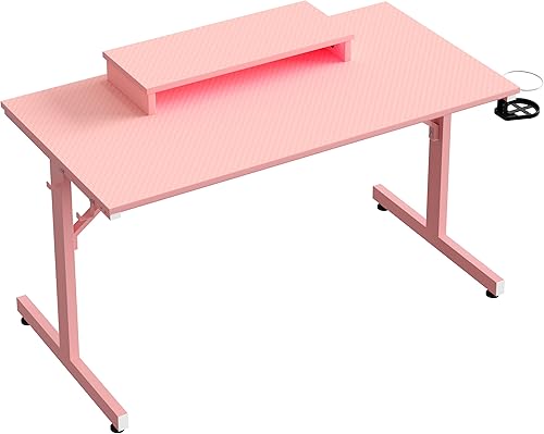 Miniatura 10 de Bestier Escritorio pequeño para juegos con soporte para monitor, escritorio LED para computadora de 42 pulgadas, estación de trabajo para jugadores