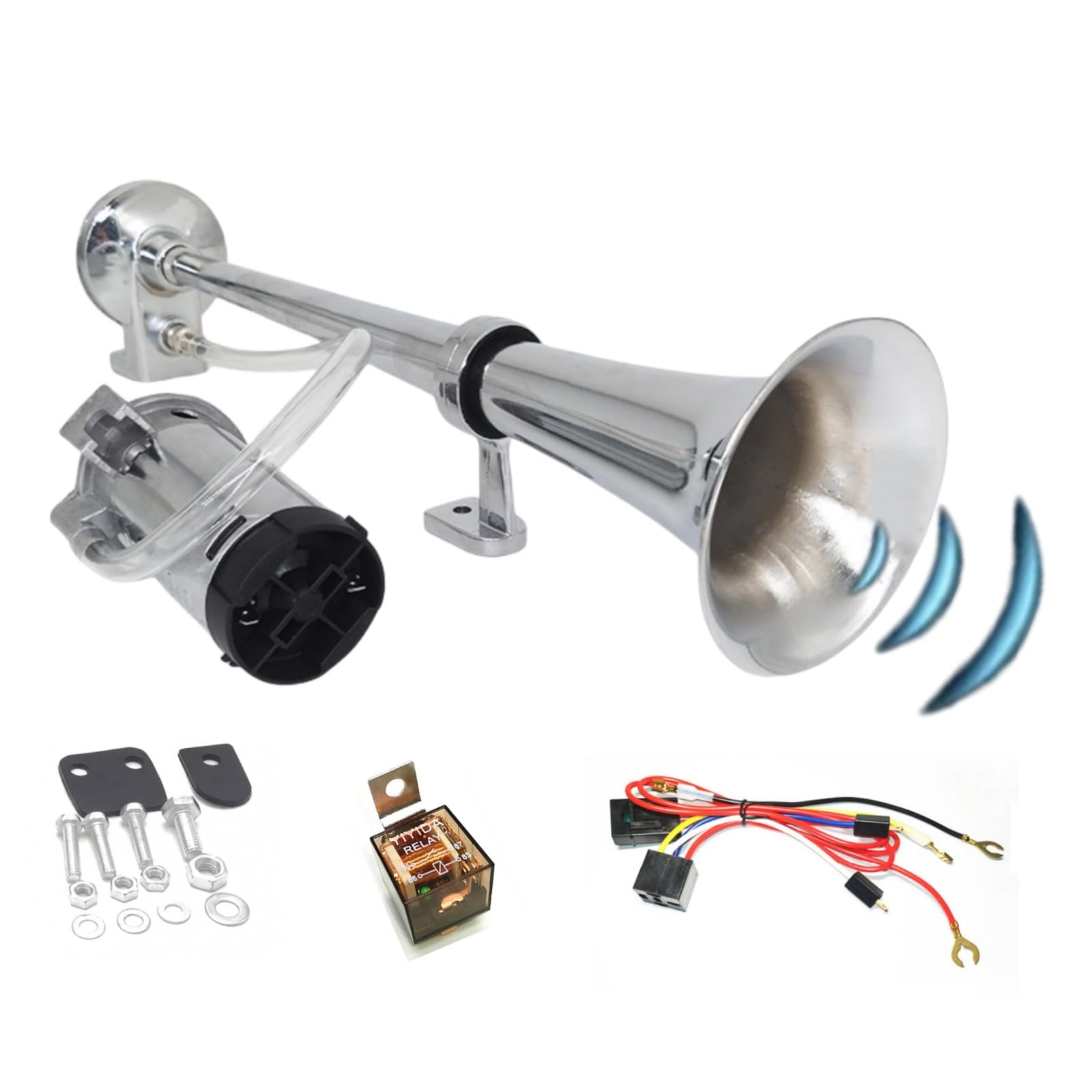 Car Horn Bocina de aire Bocina de camión 12v Altavoces de bocina de automóviles plateados Altavoz único de cromo y zinc Bocina de coche con compresor Air Horn para 12V coche yate camión etc