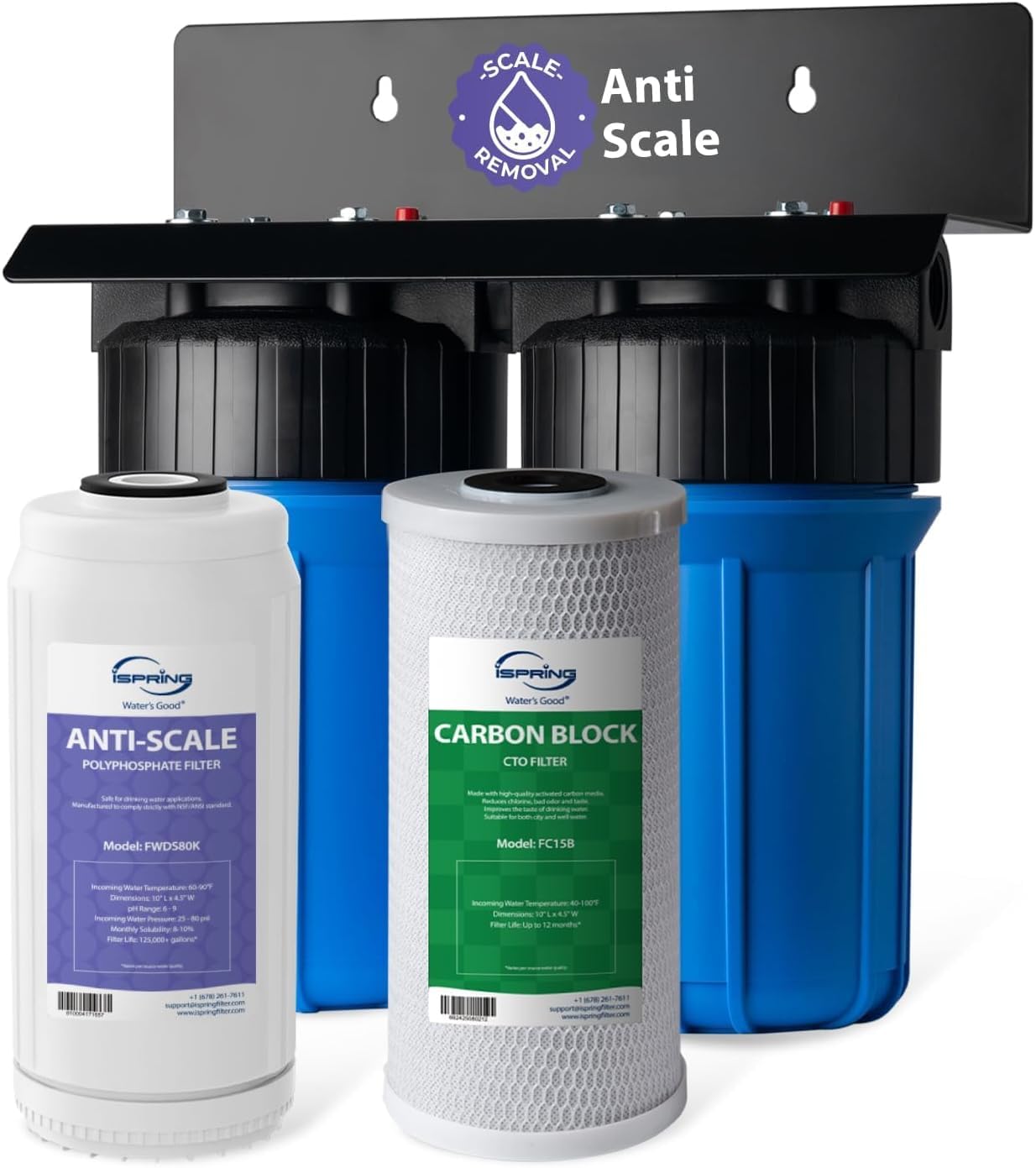 iSpring WGB21B-DS Filtro Acqua Ingresso Generale, Purificatore Acqua per Tutta la Casa, Filtro Anticalcare + CTO 10"x4.5" (Cloro e Odori), Connessione 1", Senza Calcare e Protezione Tubi