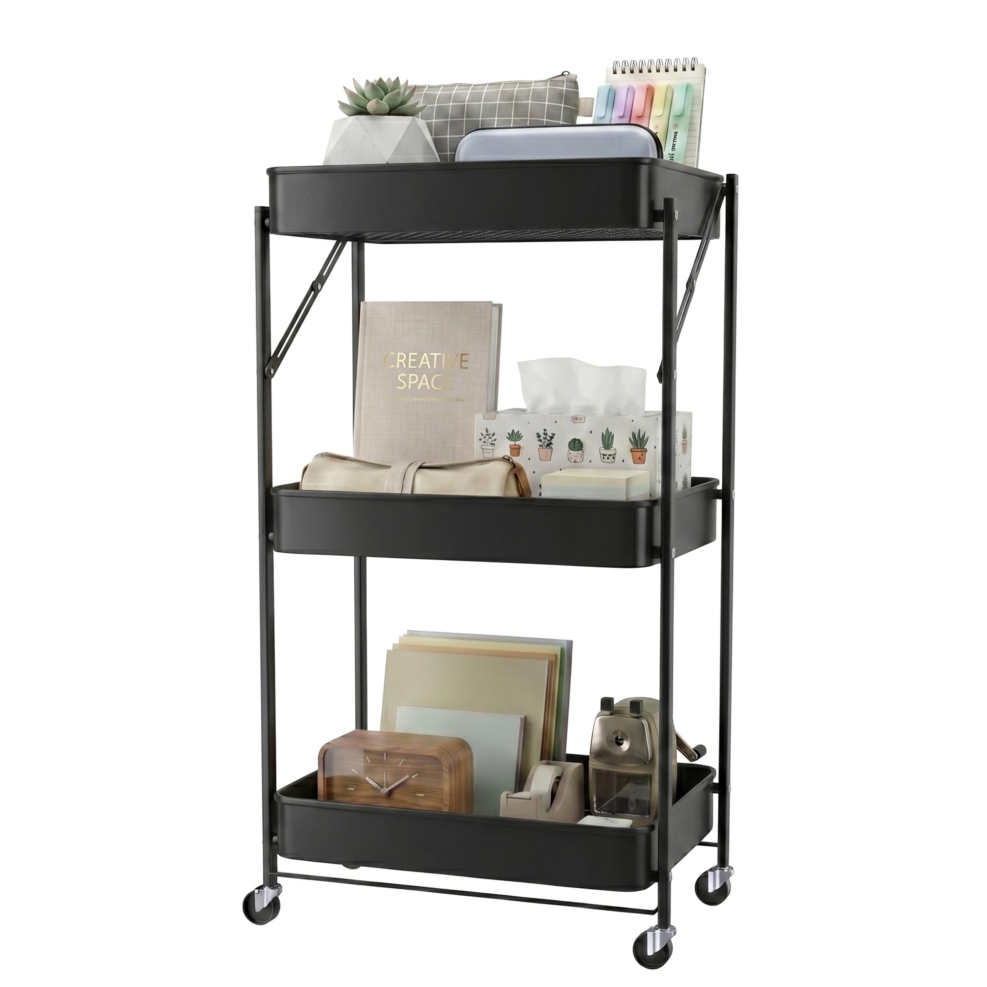 3-Tier Rolling Cart, No Assembly Metal Mesh Vegetable Rack, 360 Degree Wheels, Multi-Purpose Organizer, Storage Rack, Fruit Basket, for Kitchen, Bathroom,Bedroom Black