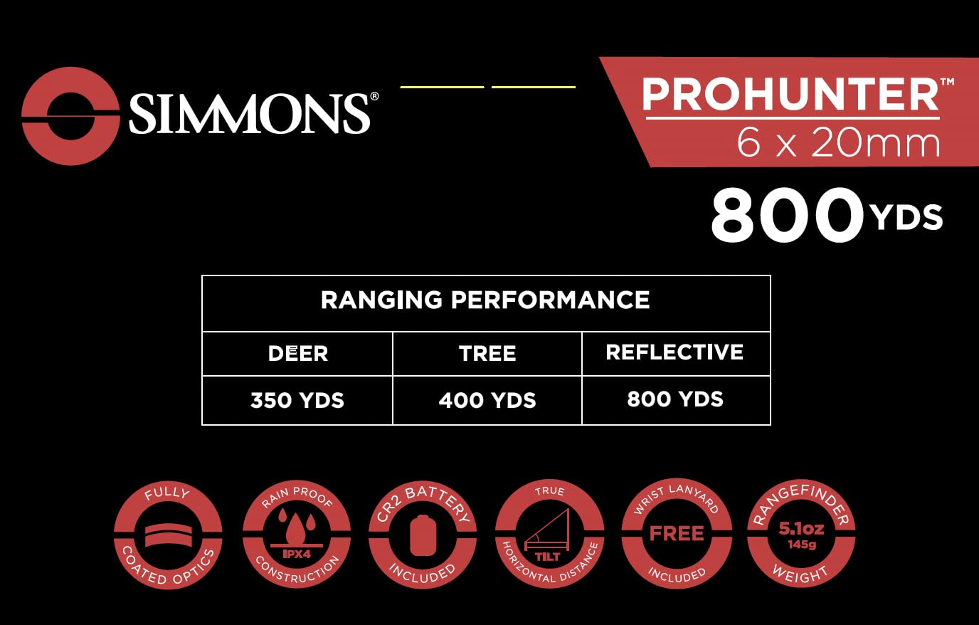 Simmons - Pro Hunter 6x20 Laser-Entfernungsmesser - Leichtgewicht - IPX4 wasserdicht - 730m