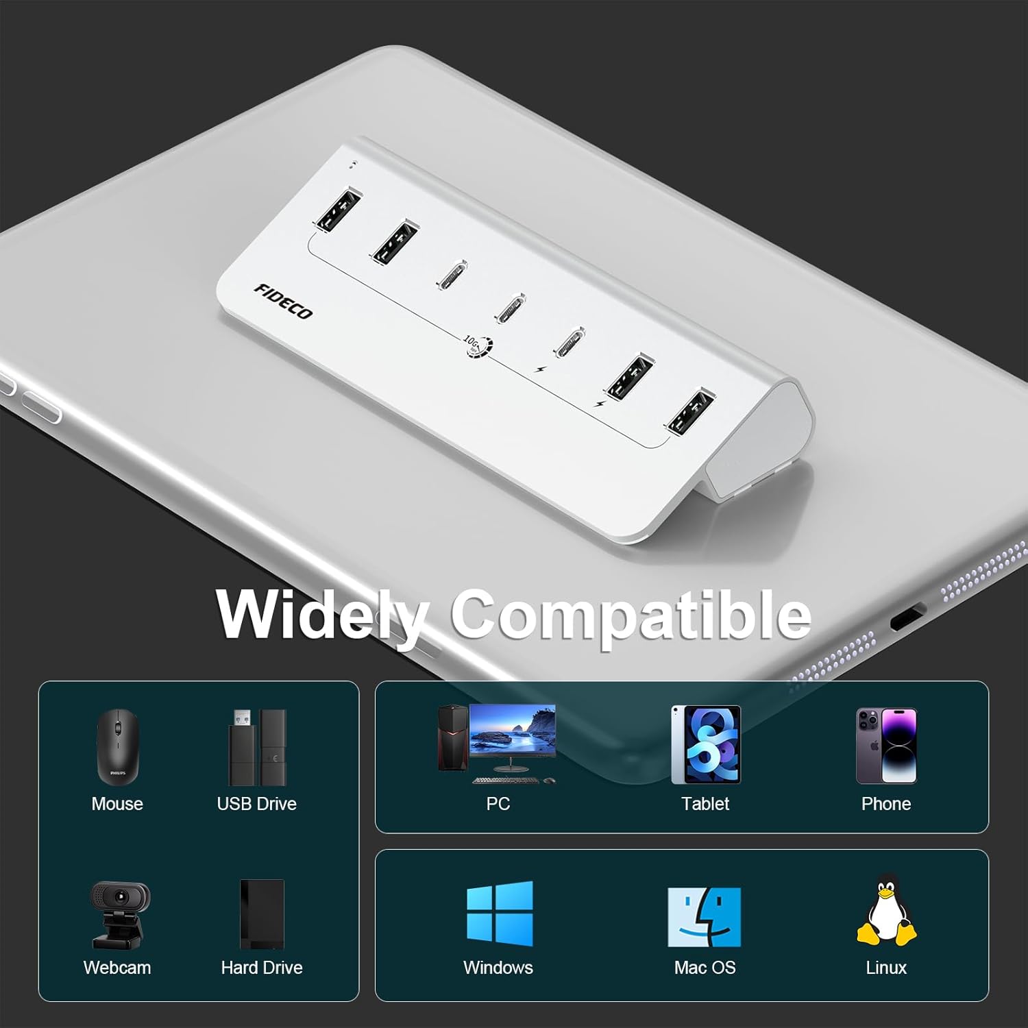 FIDECO Powered USB Hub for for Laptop, PC, MacBook, 7-Port 10Gbps USB Splitter with Power Adapter, Aluminum USB 3.2 Gen 2 Multiport Adapter, 6 USB-A and 4 USB-C Ports, Silver