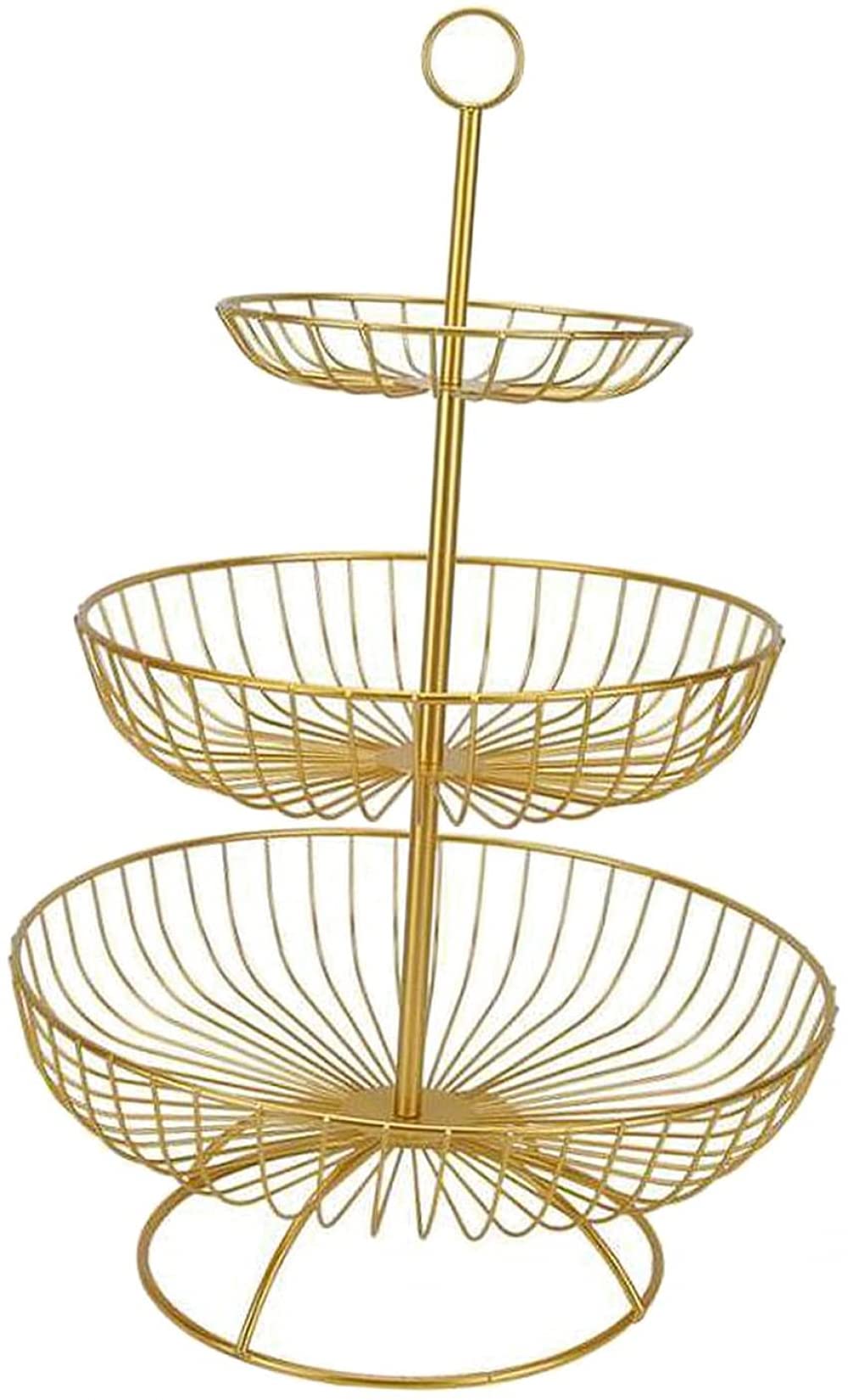 Soporte grande para frutas con estructura vertical de tres pisos en color negro