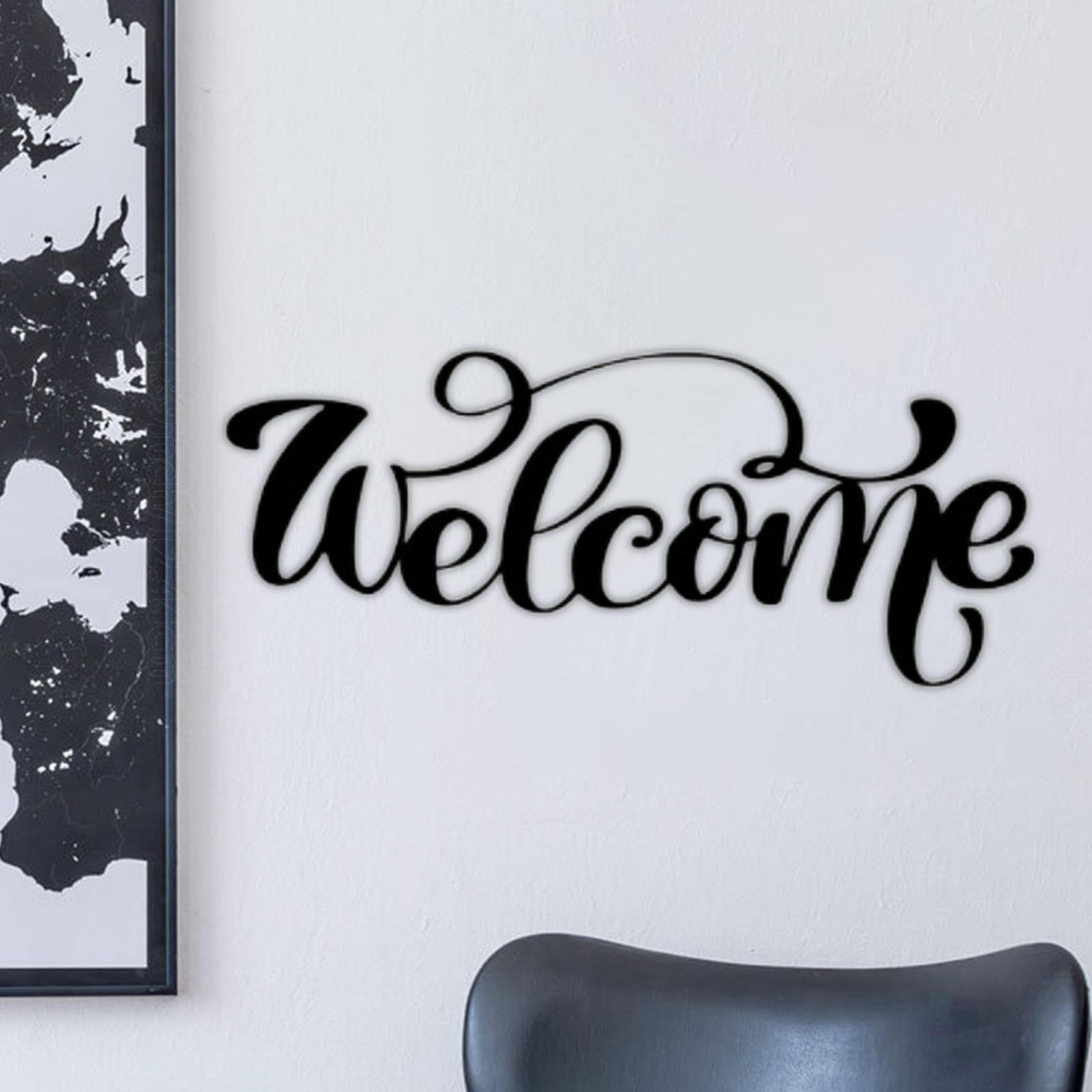 Décoration Murale Métallique 'Welcome' - Style Abstrait Noir, Finition Mat Sablée, 33 Cm