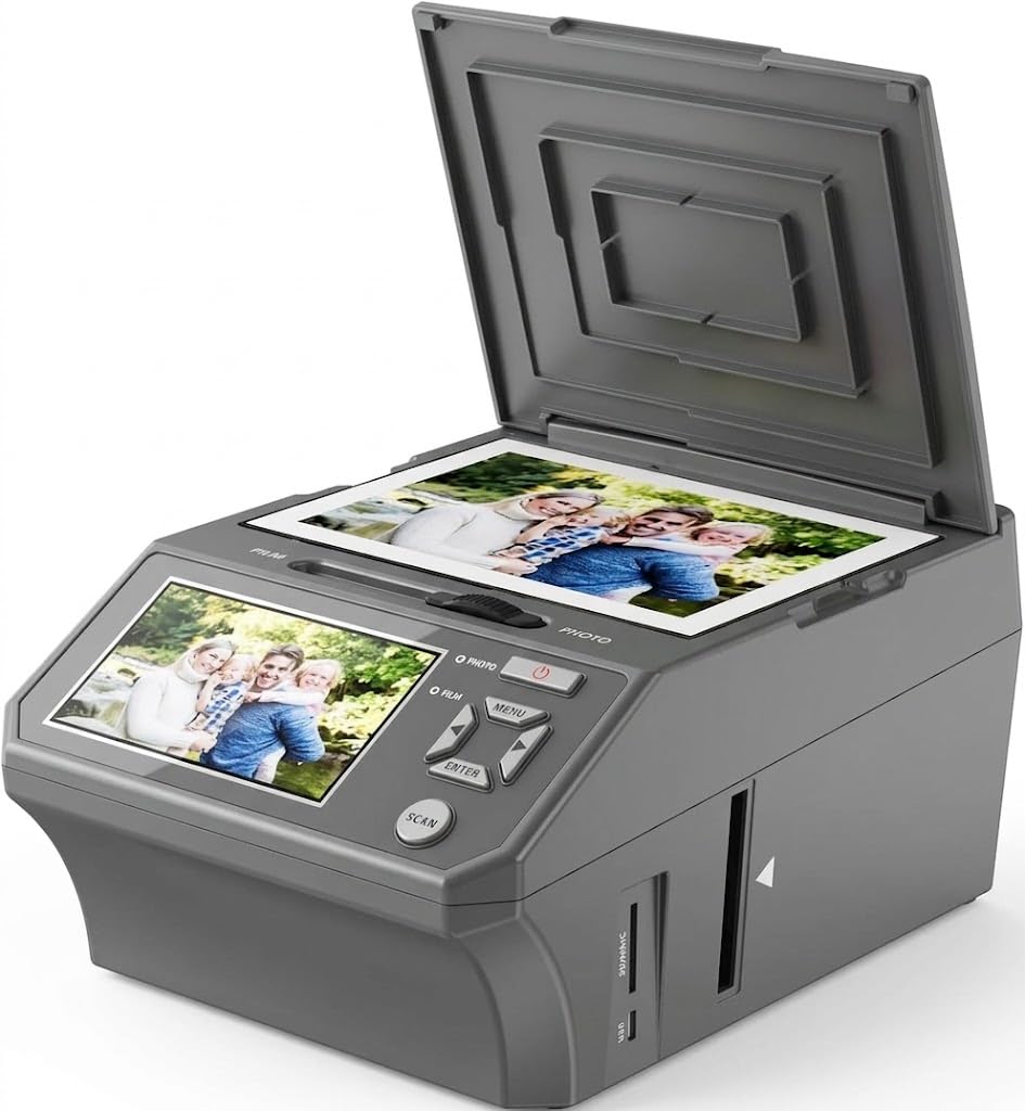 film & photo scanner with 5" lcd screen, converts photo, 135/110 film negatives & slides, business card to 22mp digital photos, 8gb sd card included