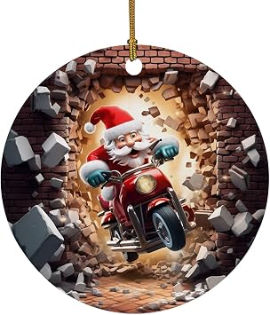3D Christmas Santa Ornament Break Through Santa On Motorcycle Christmas Ceramic Ornaments Xmas Keepsake Gifts for Family, Friends, Couples, Coworkers