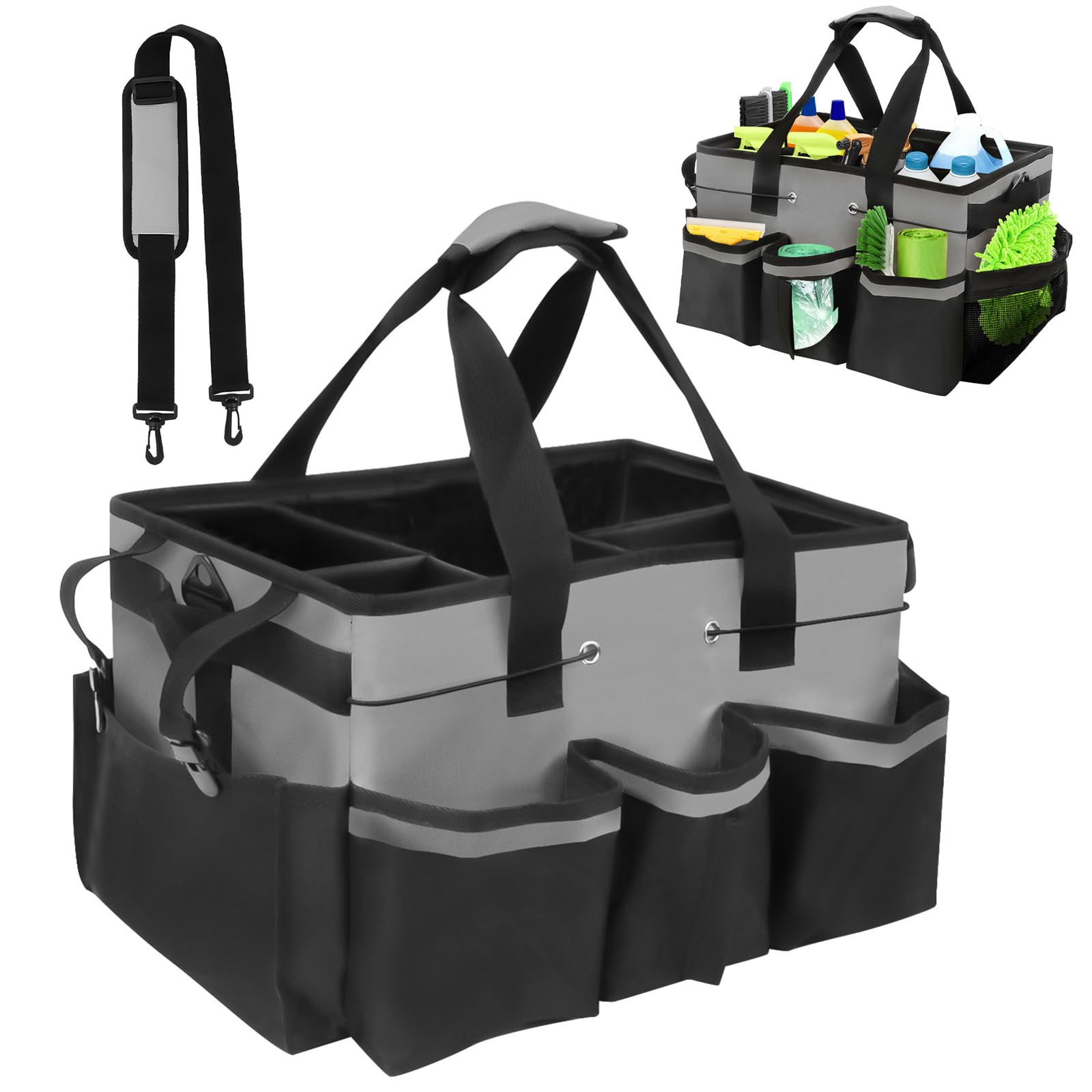 Ruaizel Grey Cleaning Caddy Bag Wearable, Large Cleaning Supplies Organizer, Multi Compartment Cleaning Tote Bag With Removable Dividers For Home, Car, Garden (Grey)