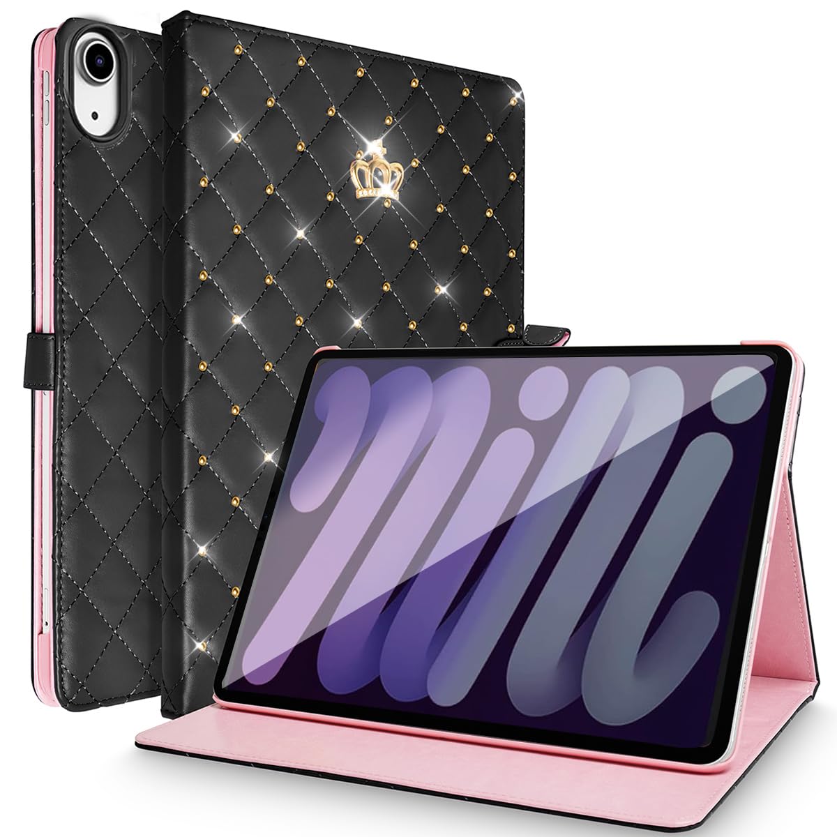 AuroiCCY Case for iPad mini 7 (A17 Pro) 2024 / iPad mini 6 2021, Shockproof Durable Protection Auto Wake/Sleep Elegant PU Leather Crown Cute Diamond