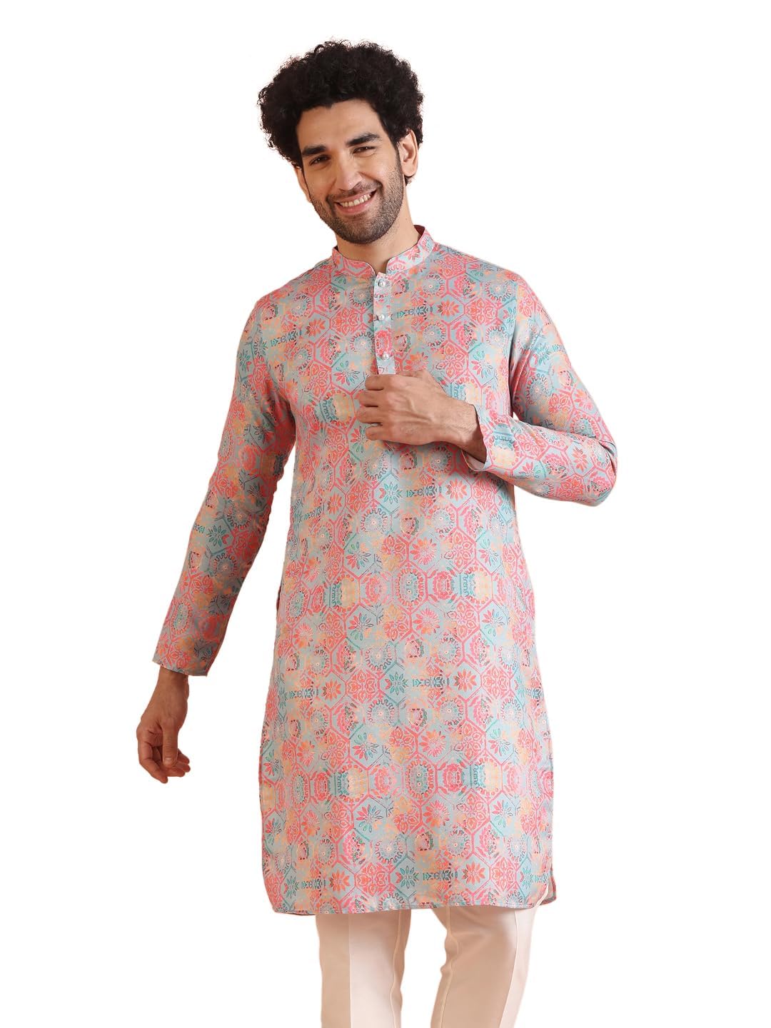 Kisah Men's Kurta, Multi Cotton, Floral Regular Fit Long Sleeves Mandarin Collar (S) Multicolour