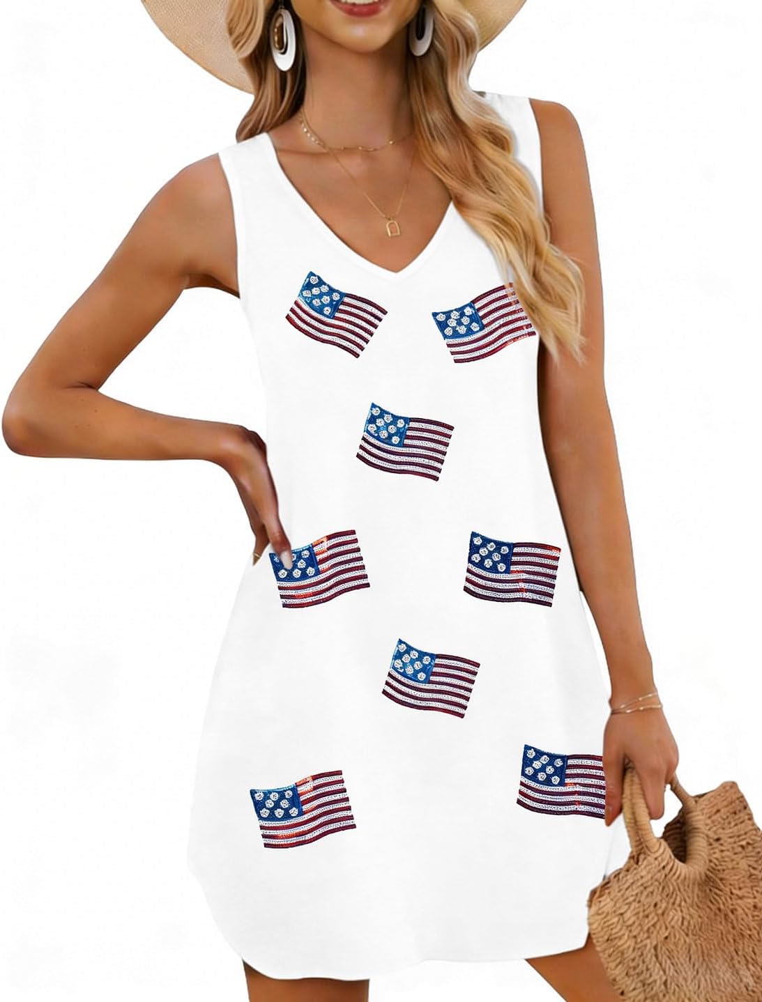 MNLYBABY 4th of July Dress American Flag V Neck Sleeveless Dresses Sequin Patriotic Mini Tank Sundress White