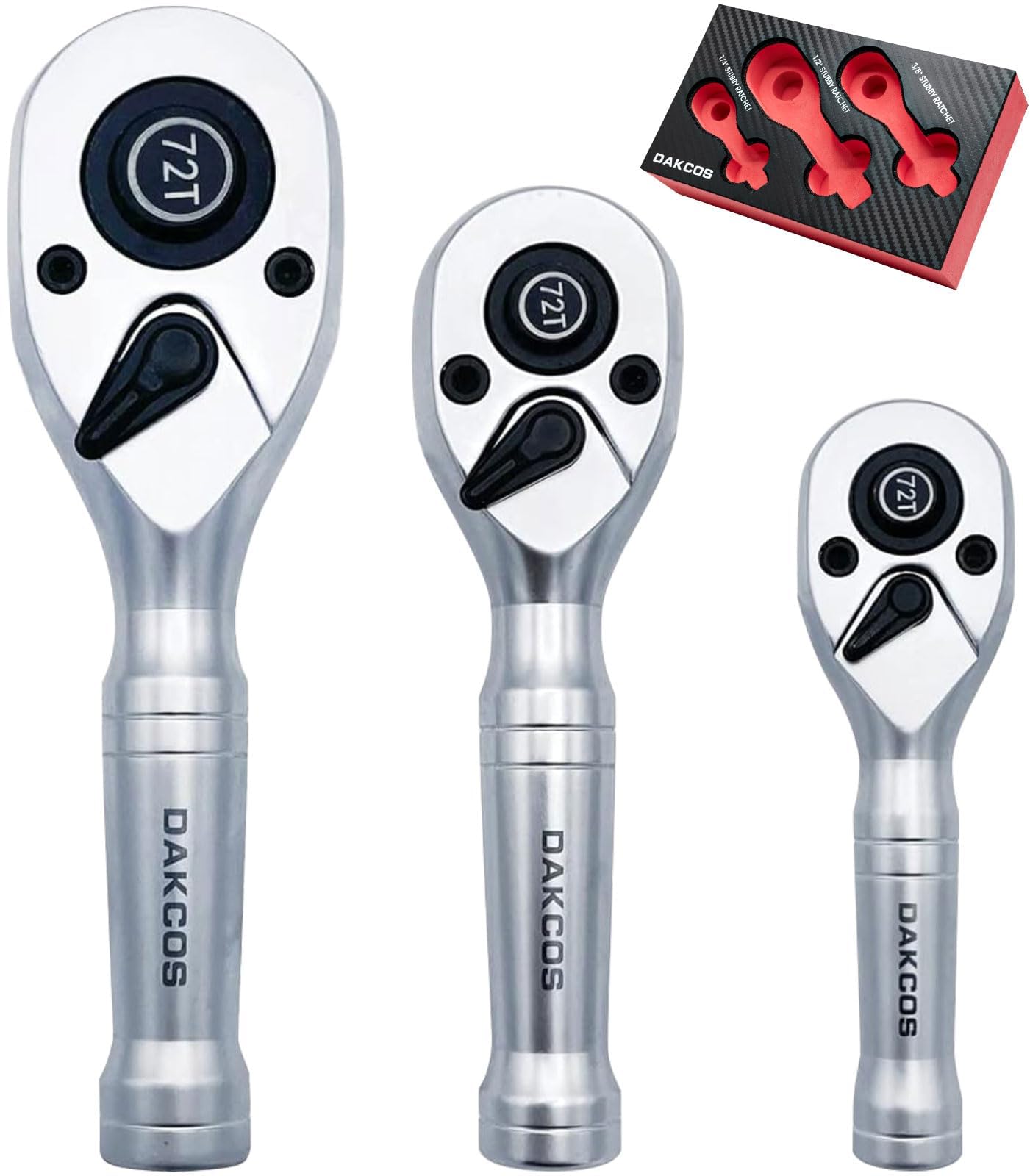 DAKCOS Juego de 3 Mini carracas Llaves de trinquete reversibles 1/4" 3/8" 1/2", Carraca giratoria de 72 Dientes, CR-V