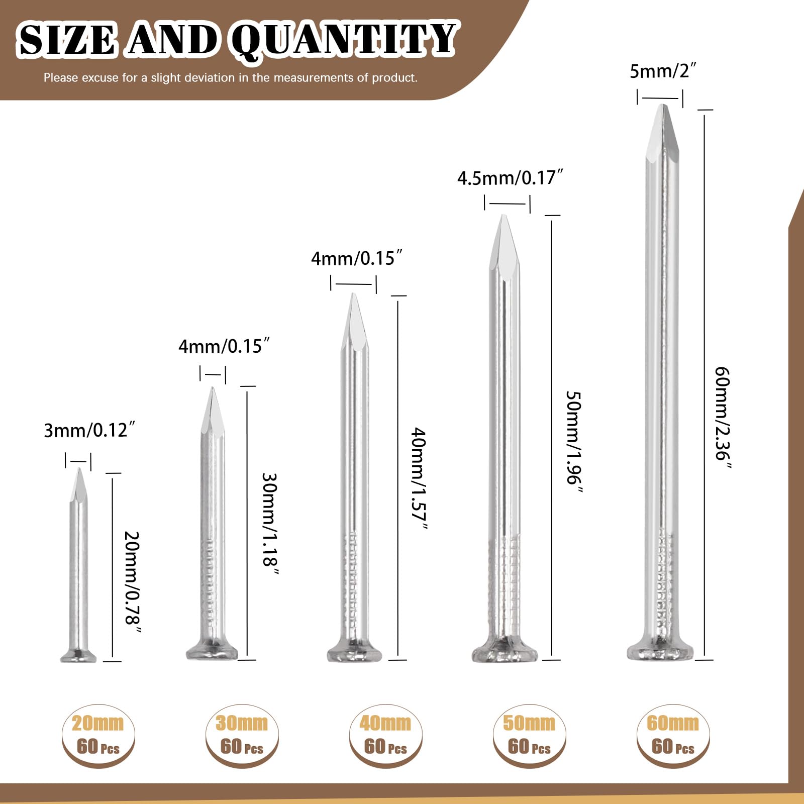 Wokape 300Pcs Steel Nails Assortment Kit, 20MM 30MM 40MM 50MM 60MM White Galvanized Hardware Nails Cement Nails for Hanging Pictures, Wall Nails, Wood Nails, Finishing Nails, Household and DIY - Image 2