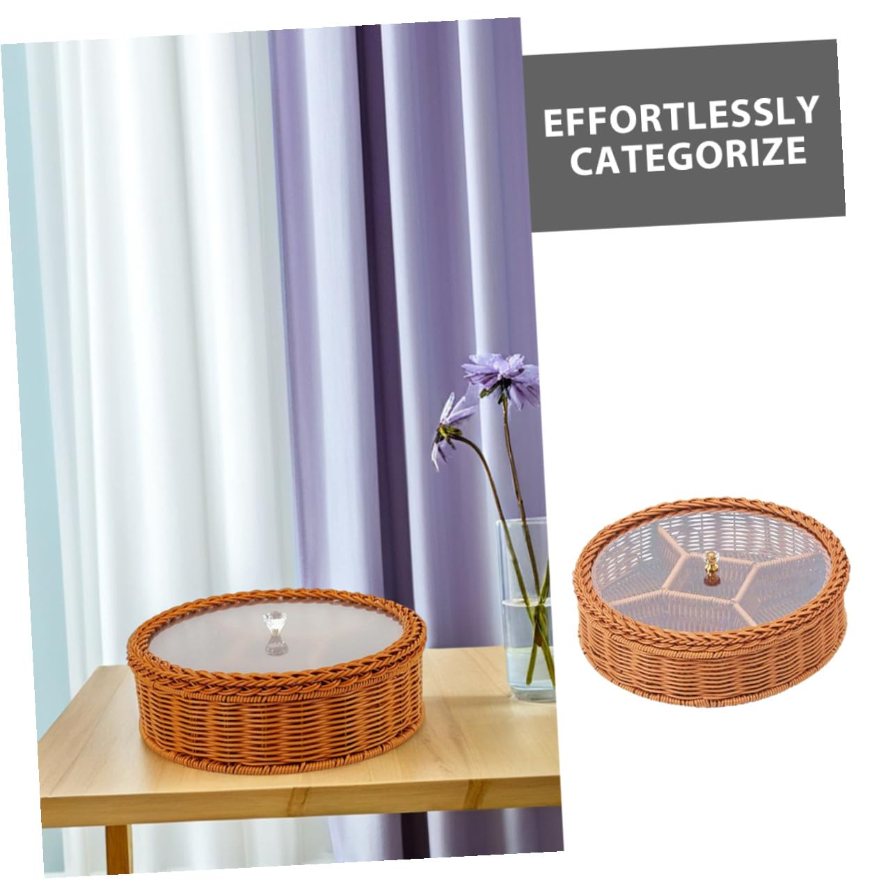 Plateau Compartimenté à Noix et Fruits Secs avec Couvercle Transparent en Plastique Tressé Main, Salon Bureau, Organisation Snacks et Apéritifs Polyvalente