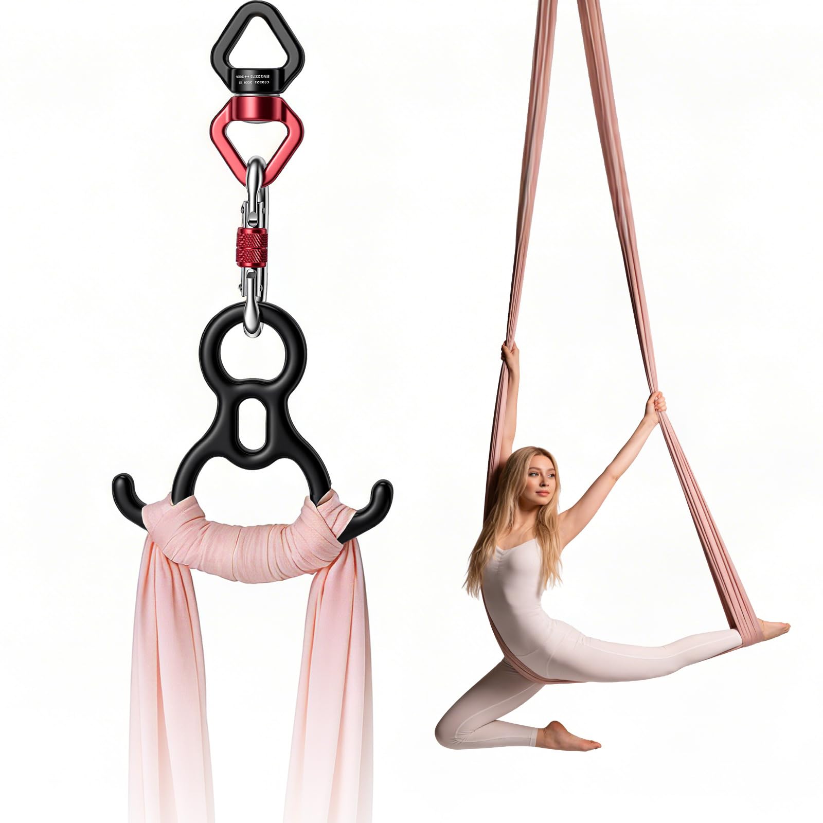 Rotule Pivotante 360° Kit Complet, 30kN Rotule + 50kN Anneau 8 Cornes + 2x25kN Mousquetons, Articulation Pivotante Roulement à Billes pour Soie Aérienne Yoga Escalade Balançoire Hamac, Noir Rouge