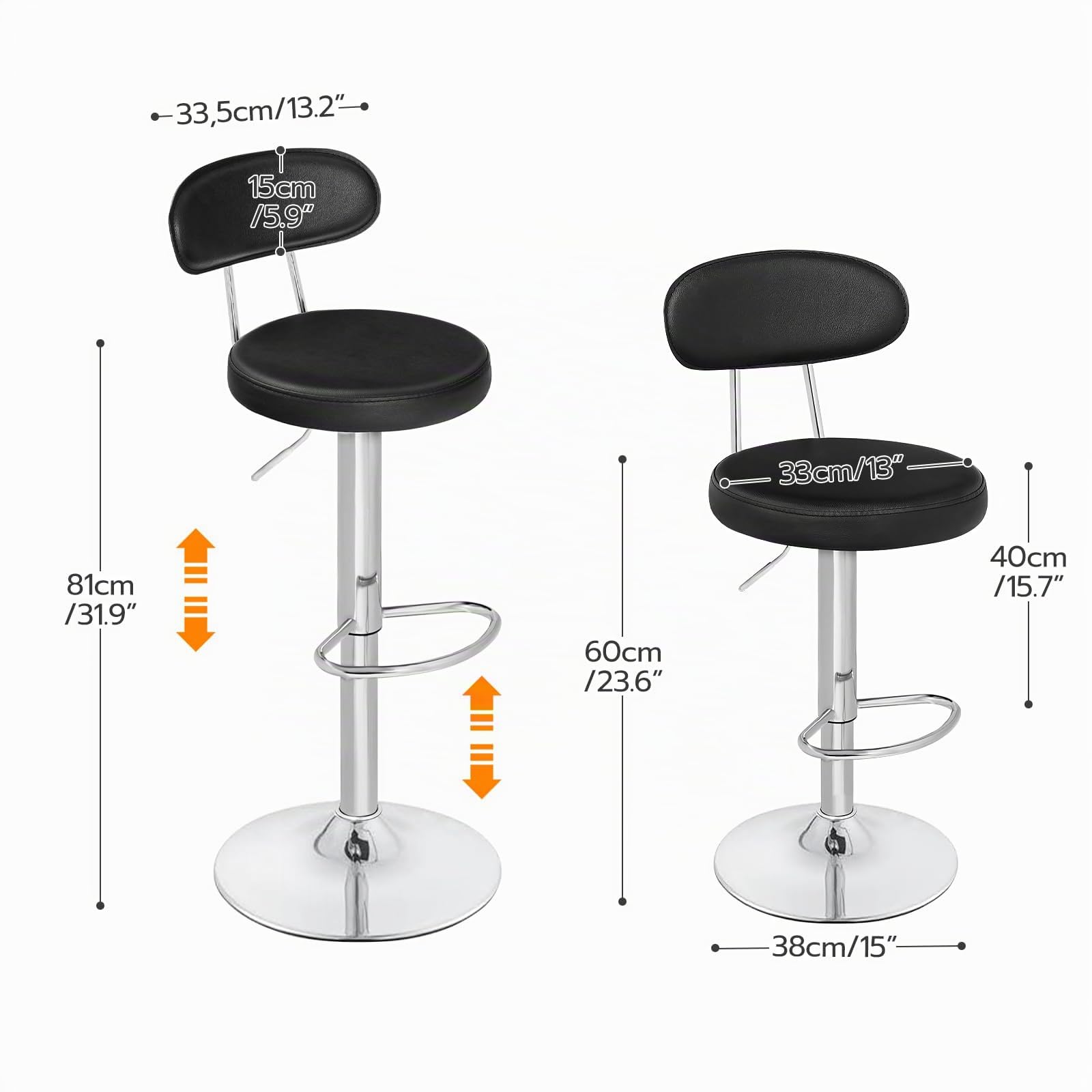 HOOBRO Taburetes de bar, juego de 2, sillas de bar de PU, altura ajustable, asientos de cocina giratorios de 360°, con respaldo y reposapiés, asiento acolchado de espuma, negro ESB33BYP201