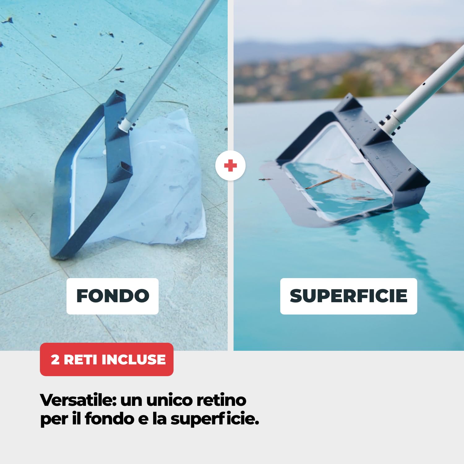 Nodi Net+ | Retino da Piscina Professionale 3-in-1 | Fondo, Superficie e Vano Tapparella Sommersa | Resistenza 32 kg | Rete Sostituibile | Duraturo ed Economico