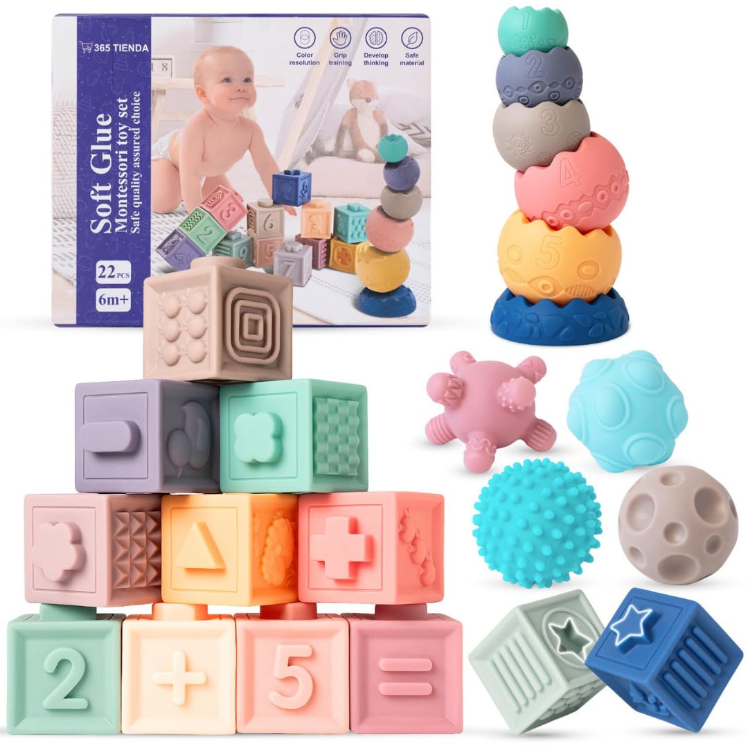 Juguetes Montessori 1 Años – Set de 22 Piezas Sensoriales de Silicona Suave - Juego para Apilar y Encajar para Niños y Niñas de 6 Meses a 3 Años – Estimulación Temprana y Alivio en la Dentición