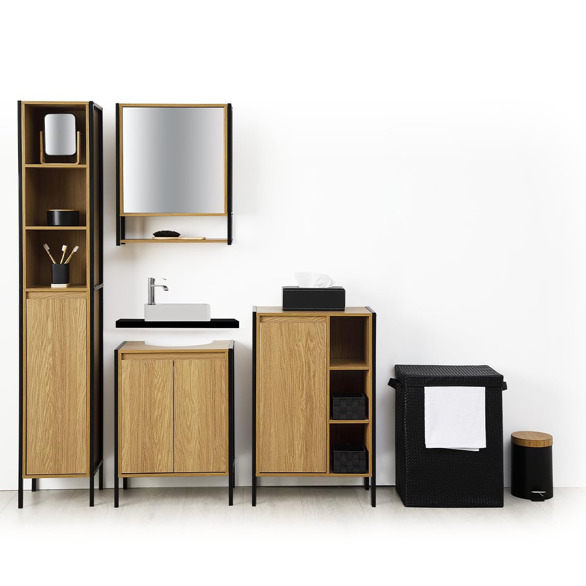 5five - Papelera con Pedal Naturéo Black de 3 l - Metal, Tapa de bambú, Cubo extraíble - para baño, Inodoro y Oficina