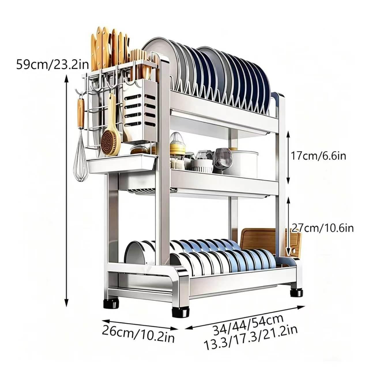 Escurridor de Platos Grande para Colocar sobre el Fregadero, de 2 Niveles, sin instalación, de Acero Inoxidable, Organizador de Cocina, Columna Gruesa, Estilo nórdico (17.3 x 10.2 x 23.2 Inches)