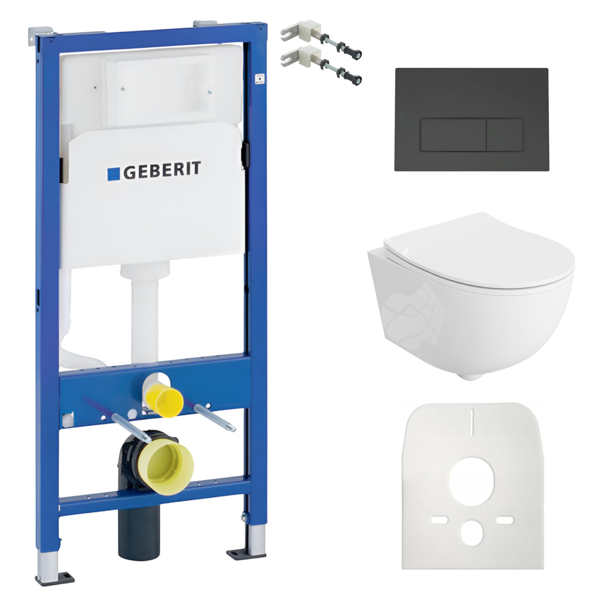 Duofix - Inodoro básico de pared + fregadero profundo de pared Brava blanco sin bordes + placa de control Delta 25 | Botón negro | Juego completo | cisterna empotrada | inodoro completo