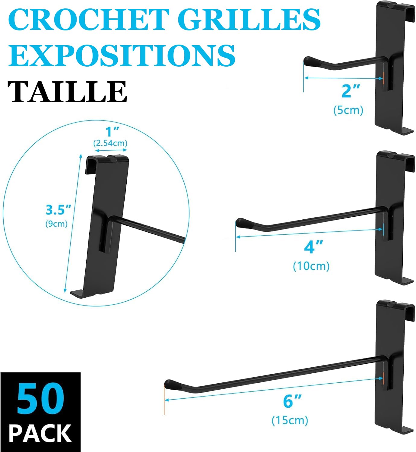Lot de 50 Crochets pour Panneau Grillage, Crochets Métalliques pour Présentoir Grille, Accessoires d’Affichage Muraux pour Garage, Magasin, Boutique, Maison et Stockage, Noir (15 x 9 x 2.5cm)