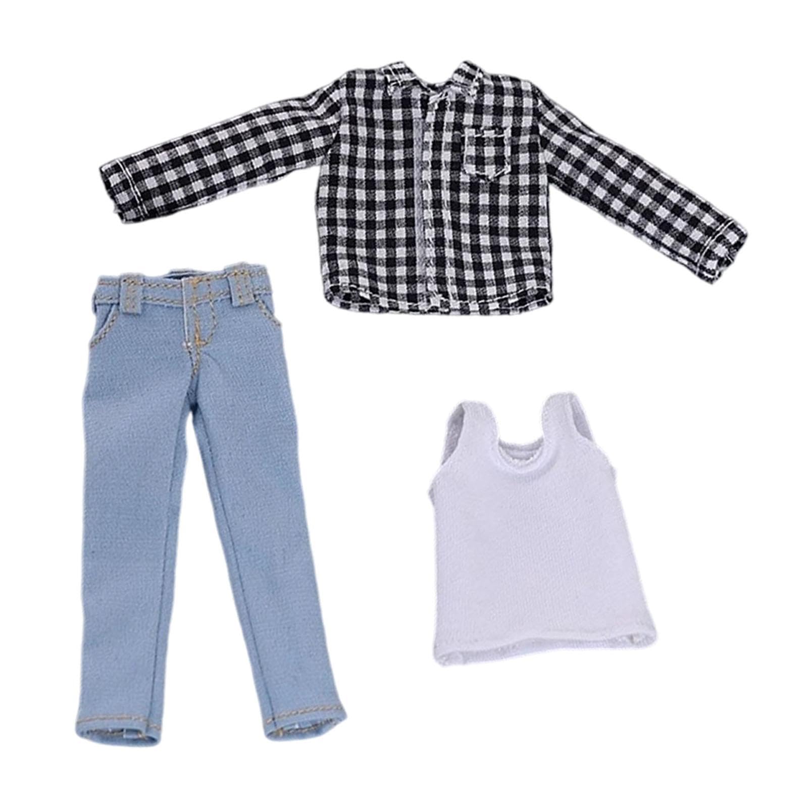 3 Stück Puppenhemd Herrenpuppen Kleidung Weste Jeans Hose Set Aus Stoff für 1/12 BJD Puppen für Dekoration Spiel Figureninszenierung, Schwarzes Weißes Netz
