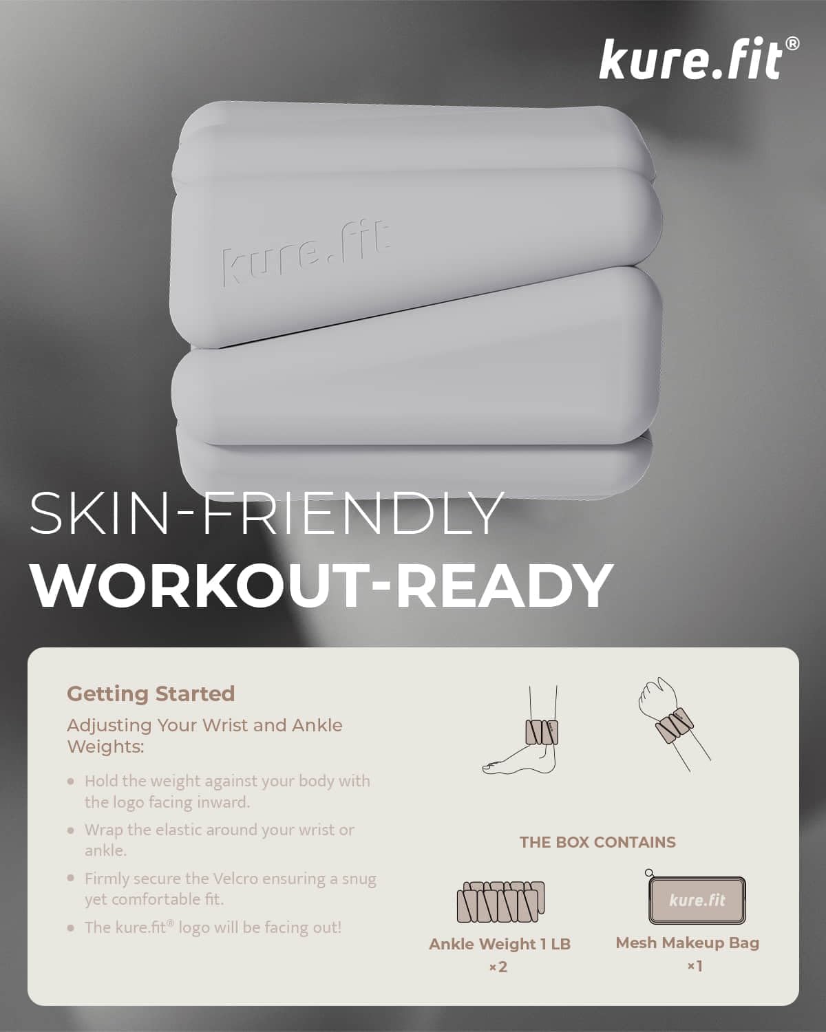 Gray Adjustable Wrist and Ankle Weights 1lb Each Set of 2 and Gray Pilates Kit Bundle