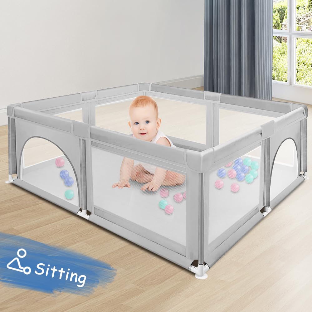 Parc Enfant pour Appartement, Parc Bébé avec 4 Ventouses Inférieures et Porte Zippée, Parc de Jeux Bébé avec Maille Douce Respirante, Clôture Bébé Tissu Oxford (Gris clair-120 * 120 * 66cm)
