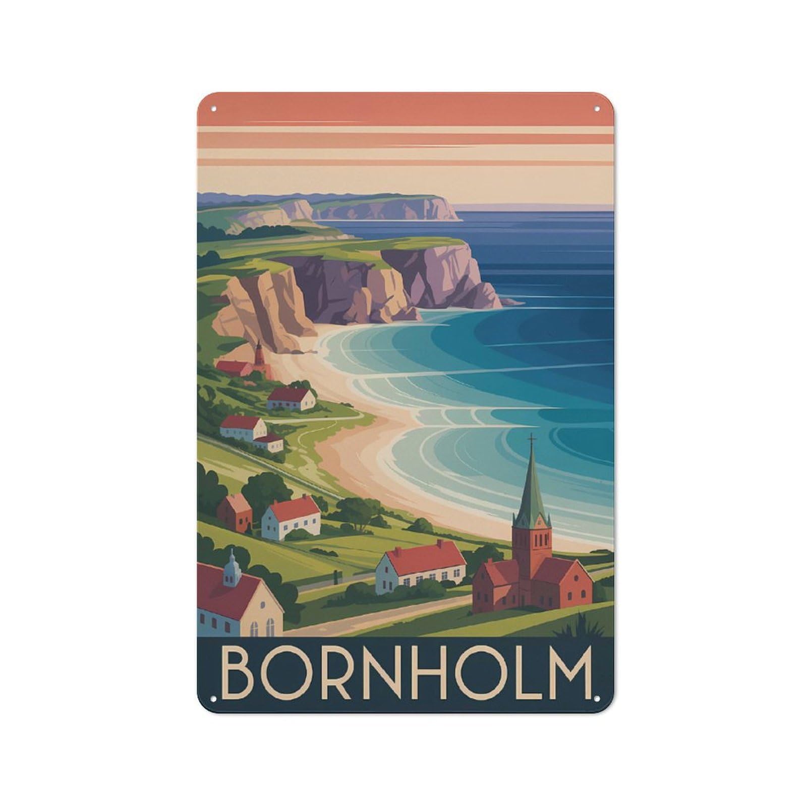 Junmoney Style-2 Bornholm Coastal Village Illustration Retro Metal Wall Decor 30X20cm, Retro Metal Sign For Garage, Hobby Room, Office Or Man Cave