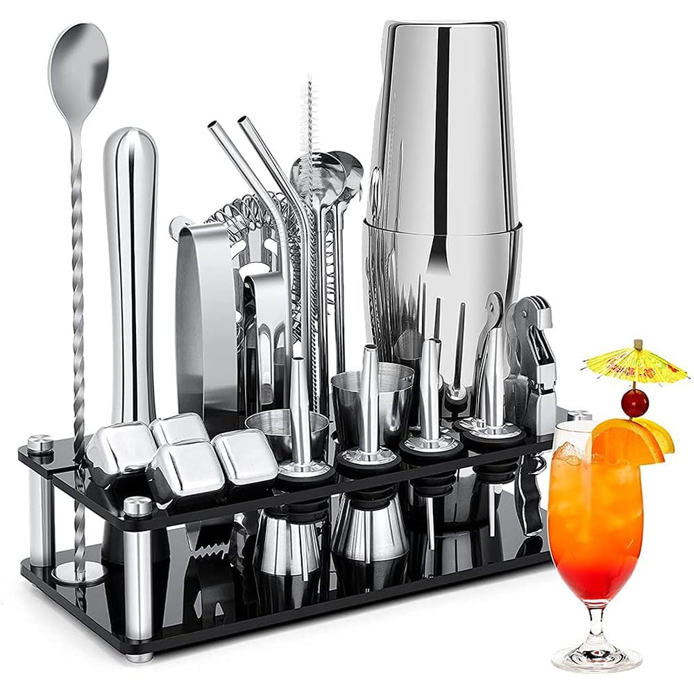 AputueCocktail Shaker Set Kit, 23 Piece Shaker Set Bartender Kit, Stainless Steel Bartender Kit with Stand and Cocktail Recipes Booklet, Professional Bar Tools for Drink Mixing, Home, Bar (750+550ml)
