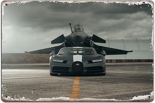 REEJAN Metal Tin Sign Bugatti Chiron vs Airplane Wall Decor Fun Decoration for Home Kitchen Bar Pub Man Cafe Room Garage Vintage Retro Plaque