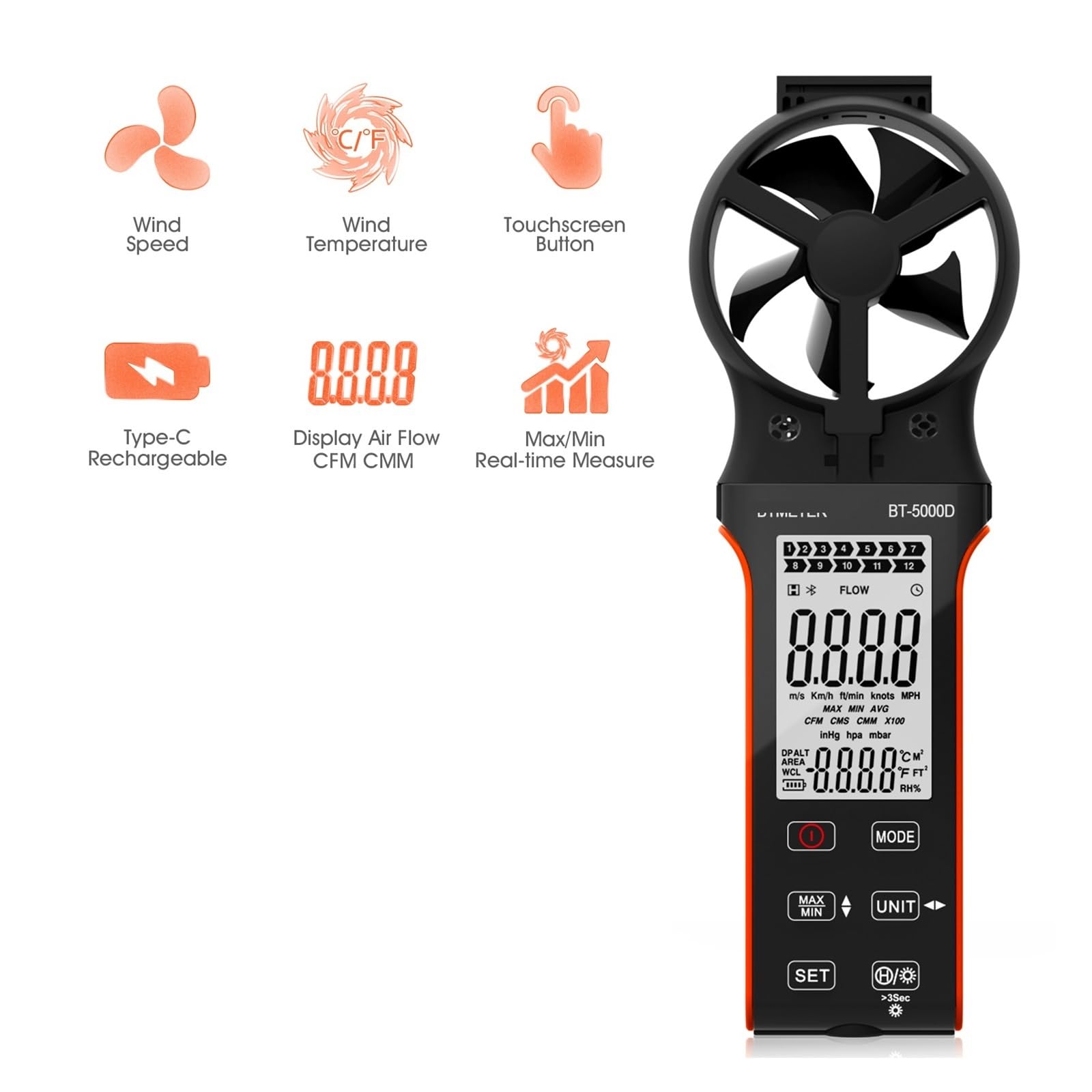 Anemometro digitale portatile for la velocità del-vento- con pulsante a sfioramento e misuratore CFM con sensore ruotabile a 270º for HVAC