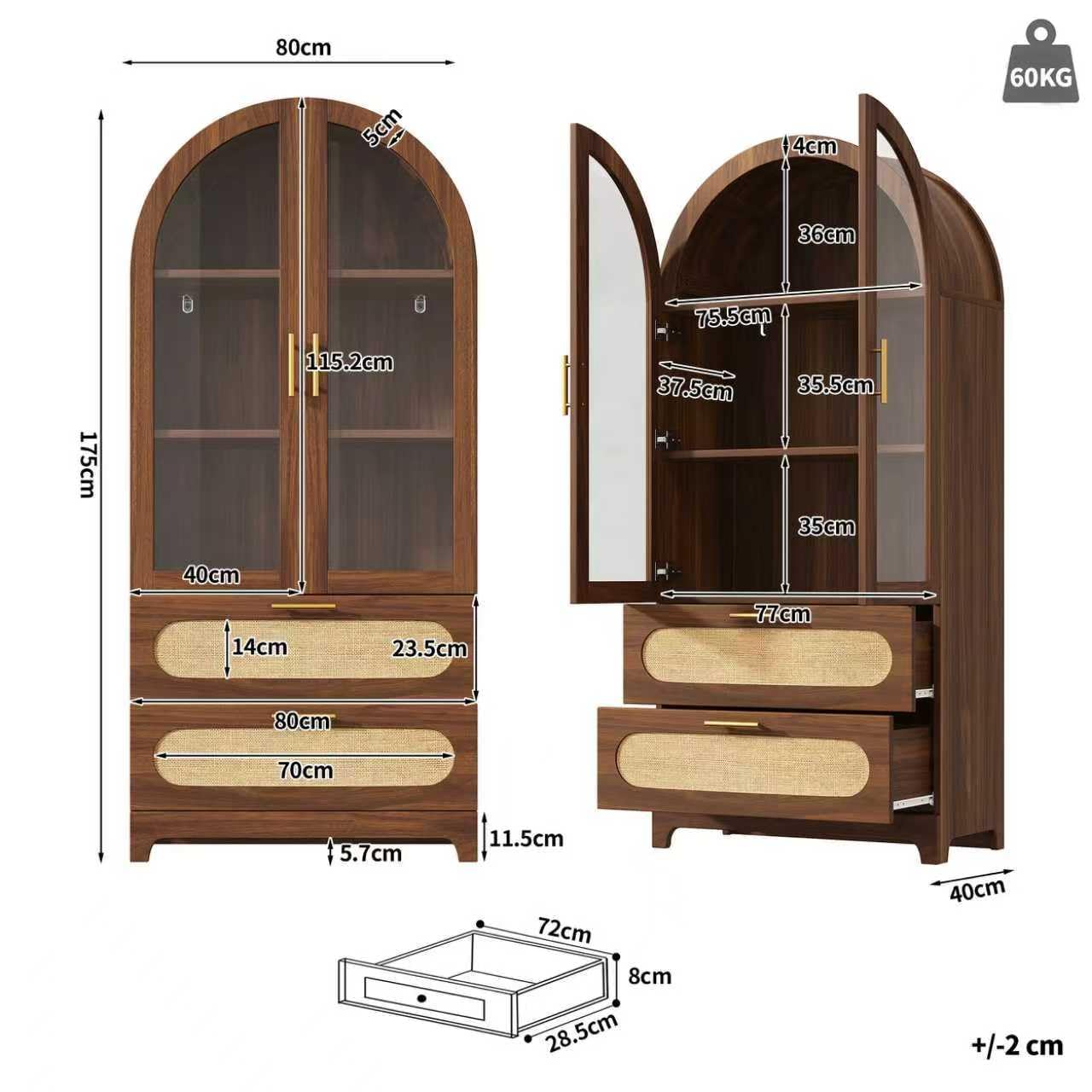 Vitrine mit Montmartre-Bogen, 175X80X40cm, Bücherregal mit 2 Schubladen & verstellbaren Böden, Retro-Design, Nussbaum