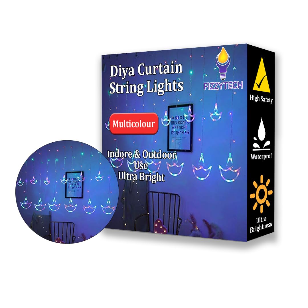 fizzytech Plastic 12 Diya Curtain Led Corded 1 Cm Electric String Lights,Window Curtain Lights With 8 Flashing Modes Decoration For Diwali,Christmas,Wedding,Party,Lights Home Decoration(Multicolor)