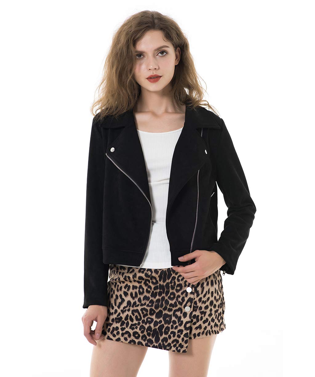 Apperloth Faux Suede Jackets for Women Long Sleeve Zipper Short Moto Biker Coat