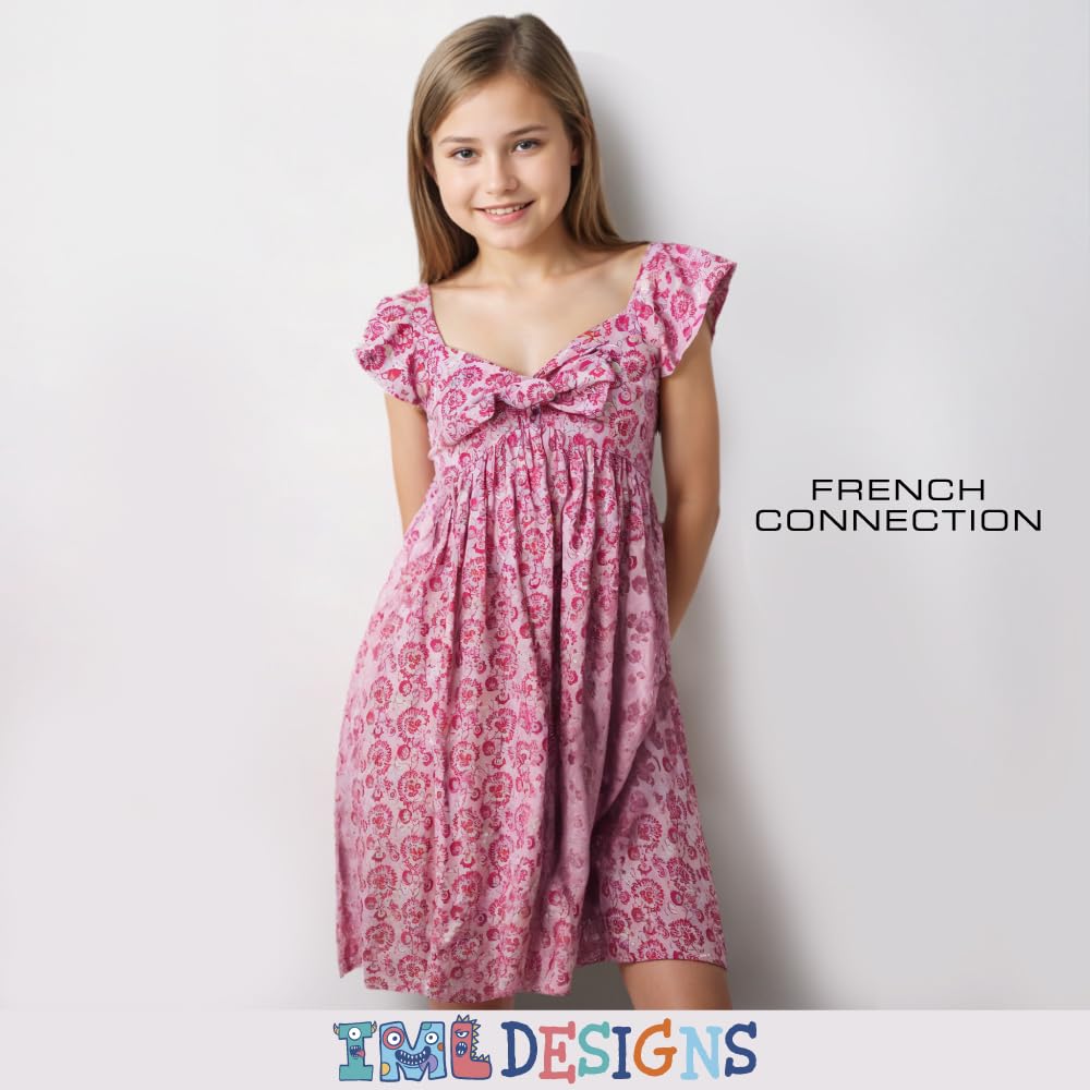 French Connection Vestido casual suave con estampado completo para niñas, vestido de verano con volantes y mangas voladas para niños