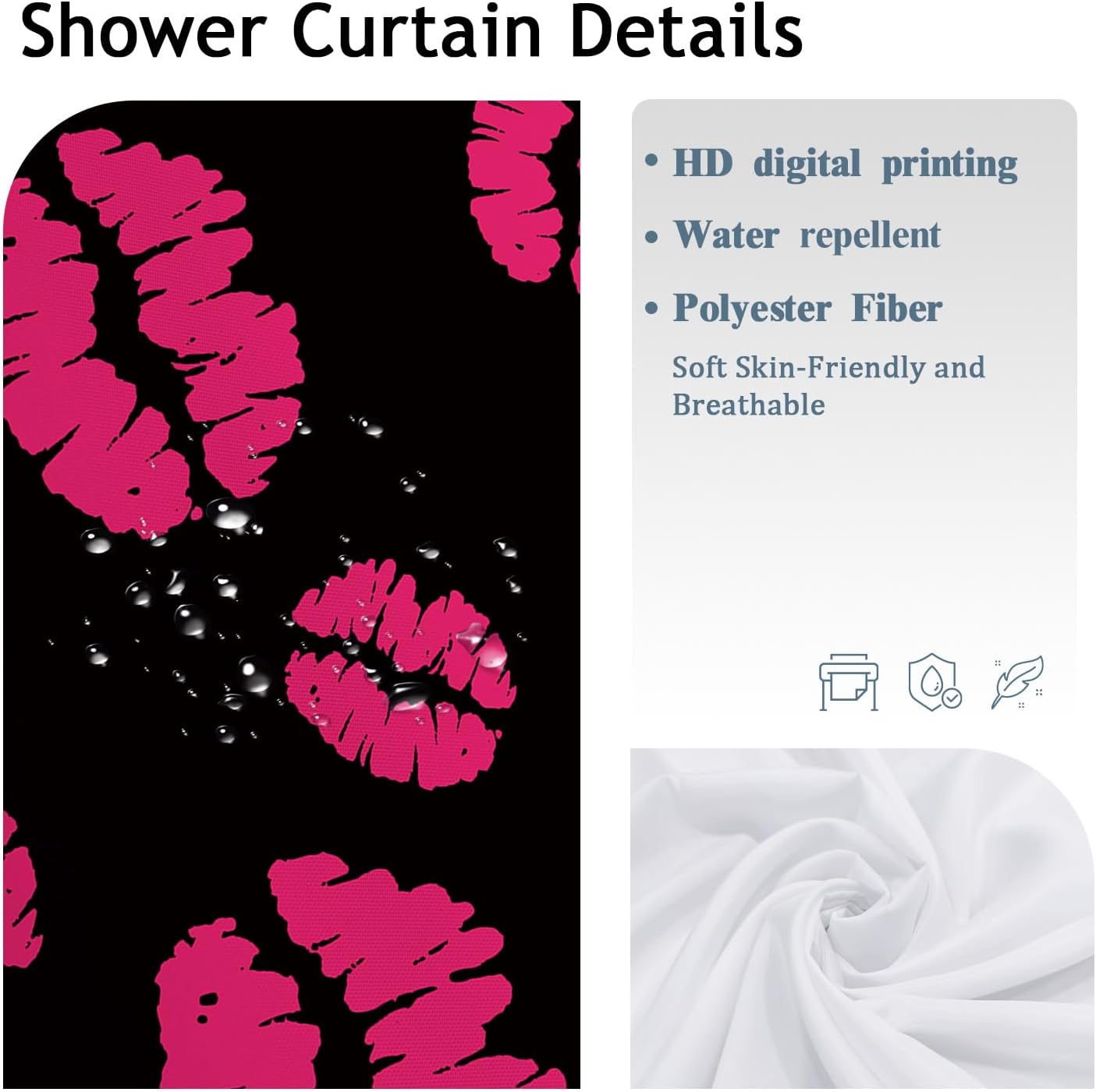 Valentine's Day Shower Curtain kiss Lip Sexy Holiday Modern Romantic hot Pink Black Polyester Waterproof Bathroom College Indoor Dorm stall Decorations Shower Curtain with Hooks 62x72inch